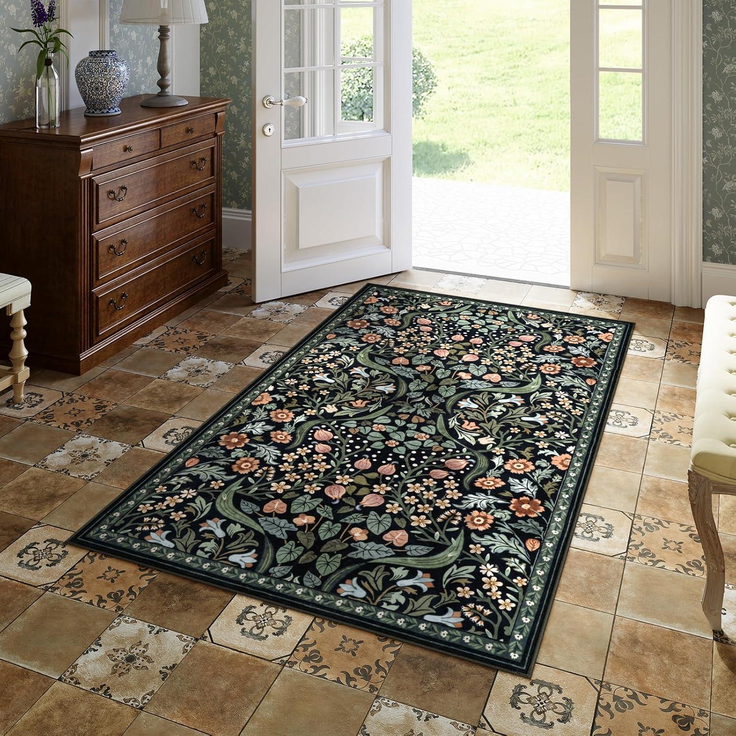 imageMoynesa Floral Washable 8x10 Rug Large Rugs for Living Room Green Soft 8 x 10 Boho Bedroom Rugs Non Slip Botanical Ultra Thin Floor Carpet for Dining Room Nursery GreenBlack