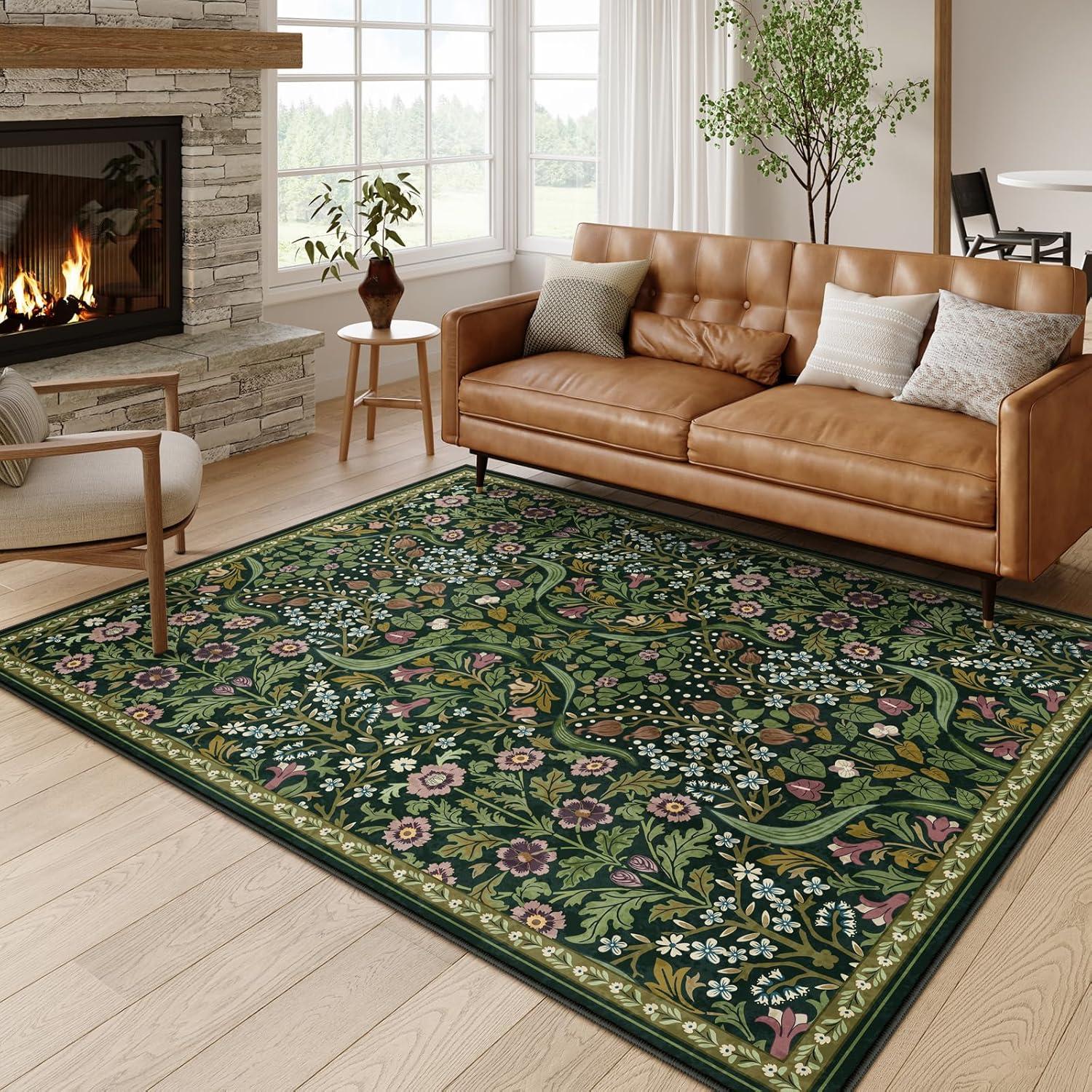 imageMoynesa Floral Washable 8x10 Rug Large Rugs for Living Room Green Soft 8 x 10 Boho Bedroom Rugs Non Slip Botanical Ultra Thin Floor Carpet for Dining Room Nursery GreenGreen
