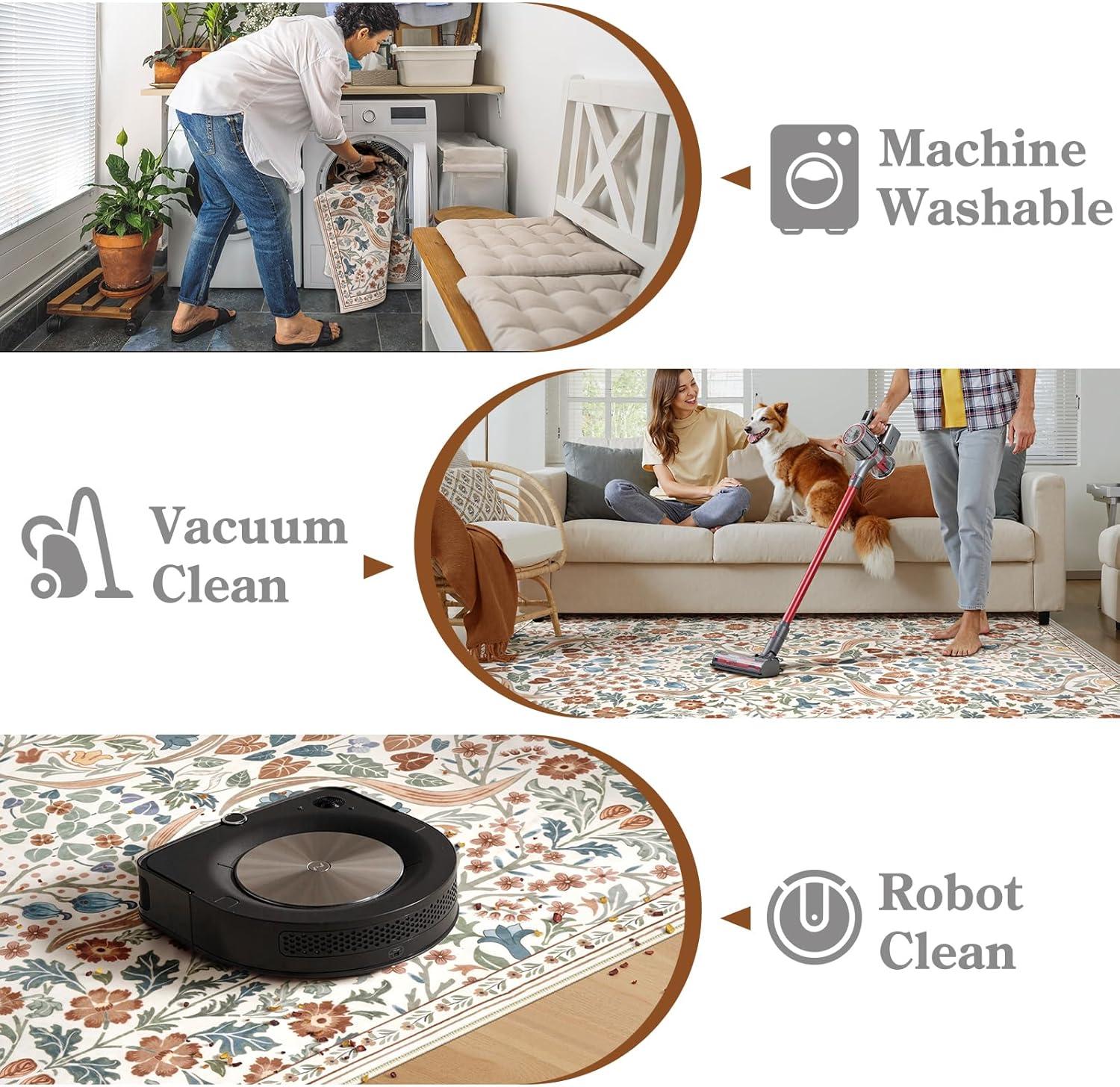 imageMoynesa Floral Washable 8x10 Rug Large Rugs for Living Room Green Soft 8 x 10 Boho Bedroom Rugs Non Slip Botanical Ultra Thin Floor Carpet for Dining Room Nursery GreenBeige