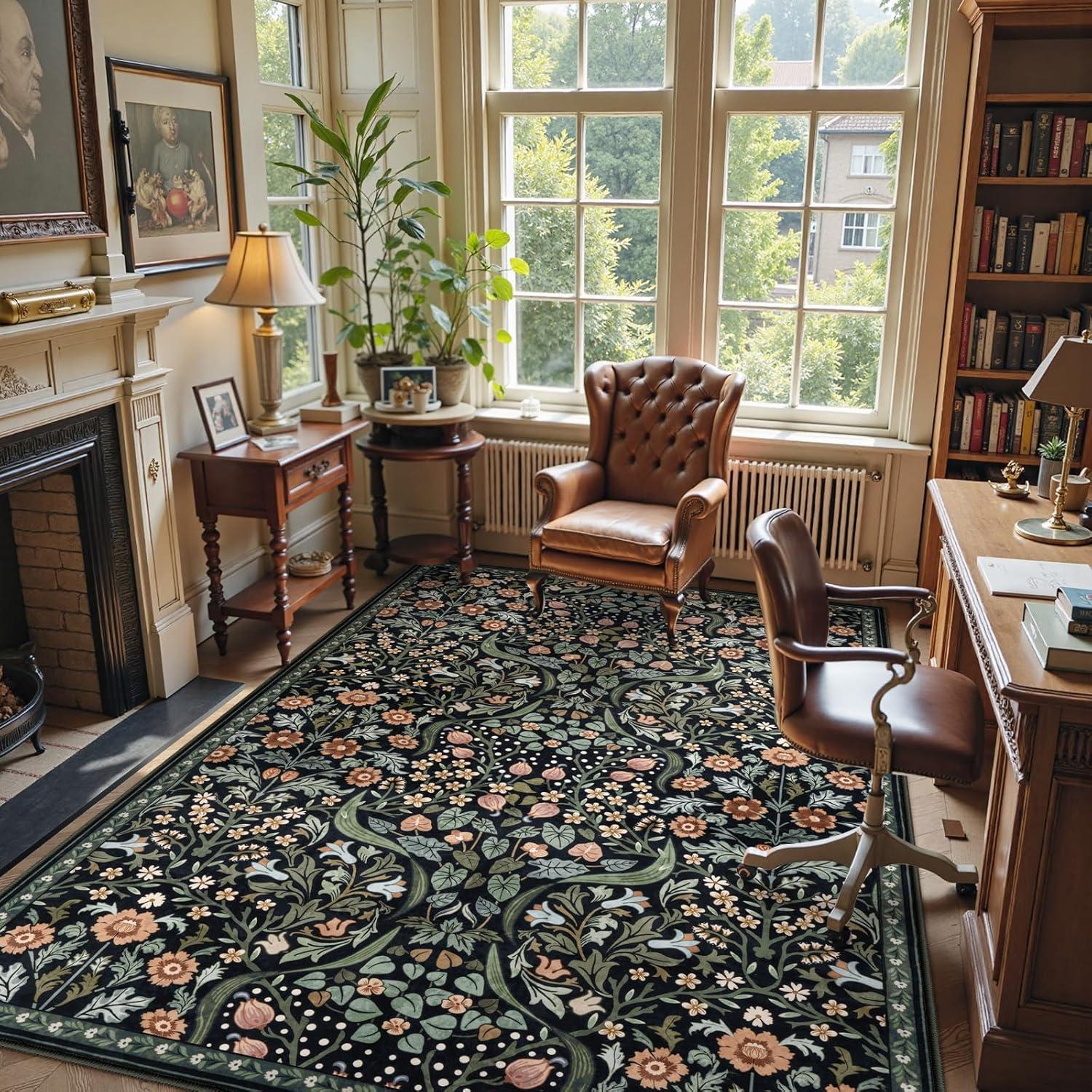 imageMoynesa Floral Washable 8x10 Rug Large Rugs for Living Room Green Soft 8 x 10 Boho Bedroom Rugs Non Slip Botanical Ultra Thin Floor Carpet for Dining Room Nursery GreenBlack