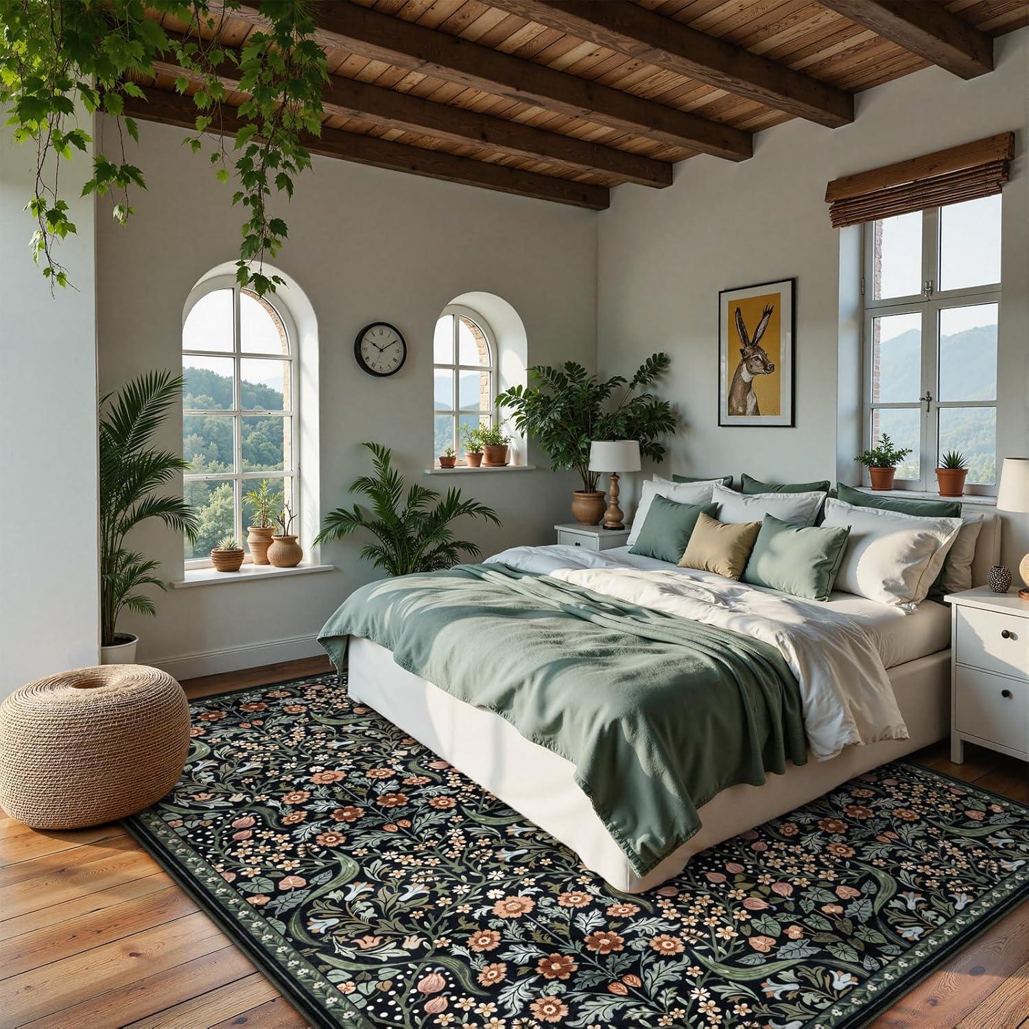 imageMoynesa Floral Washable 8x10 Rug Large Rugs for Living Room Green Soft 8 x 10 Boho Bedroom Rugs Non Slip Botanical Ultra Thin Floor Carpet for Dining Room Nursery GreenBlack