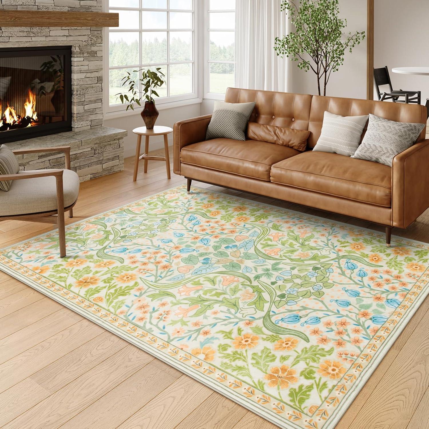 imageMoynesa Floral Washable 8x10 Rug Large Rugs for Living Room Green Soft 8 x 10 Boho Bedroom Rugs Non Slip Botanical Ultra Thin Floor Carpet for Dining Room Nursery GreenSpring