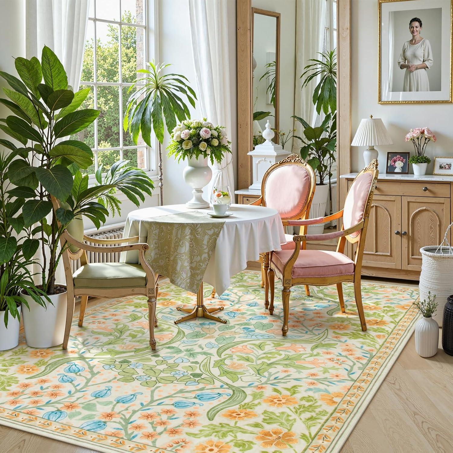 imageMoynesa Floral Washable 8x10 Rug Large Rugs for Living Room Green Soft 8 x 10 Boho Bedroom Rugs Non Slip Botanical Ultra Thin Floor Carpet for Dining Room Nursery GreenSpring