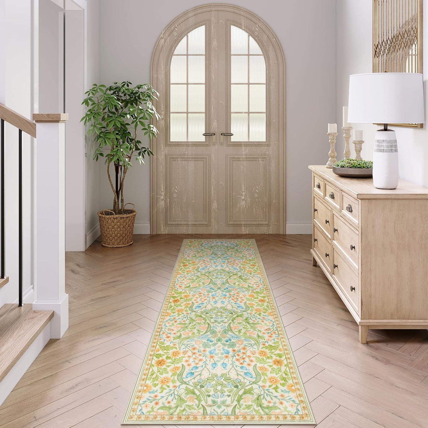 imageMoynesa Floral Washable 8x10 Rug Large Rugs for Living Room Green Soft 8 x 10 Boho Bedroom Rugs Non Slip Botanical Ultra Thin Floor Carpet for Dining Room Nursery GreenSpring