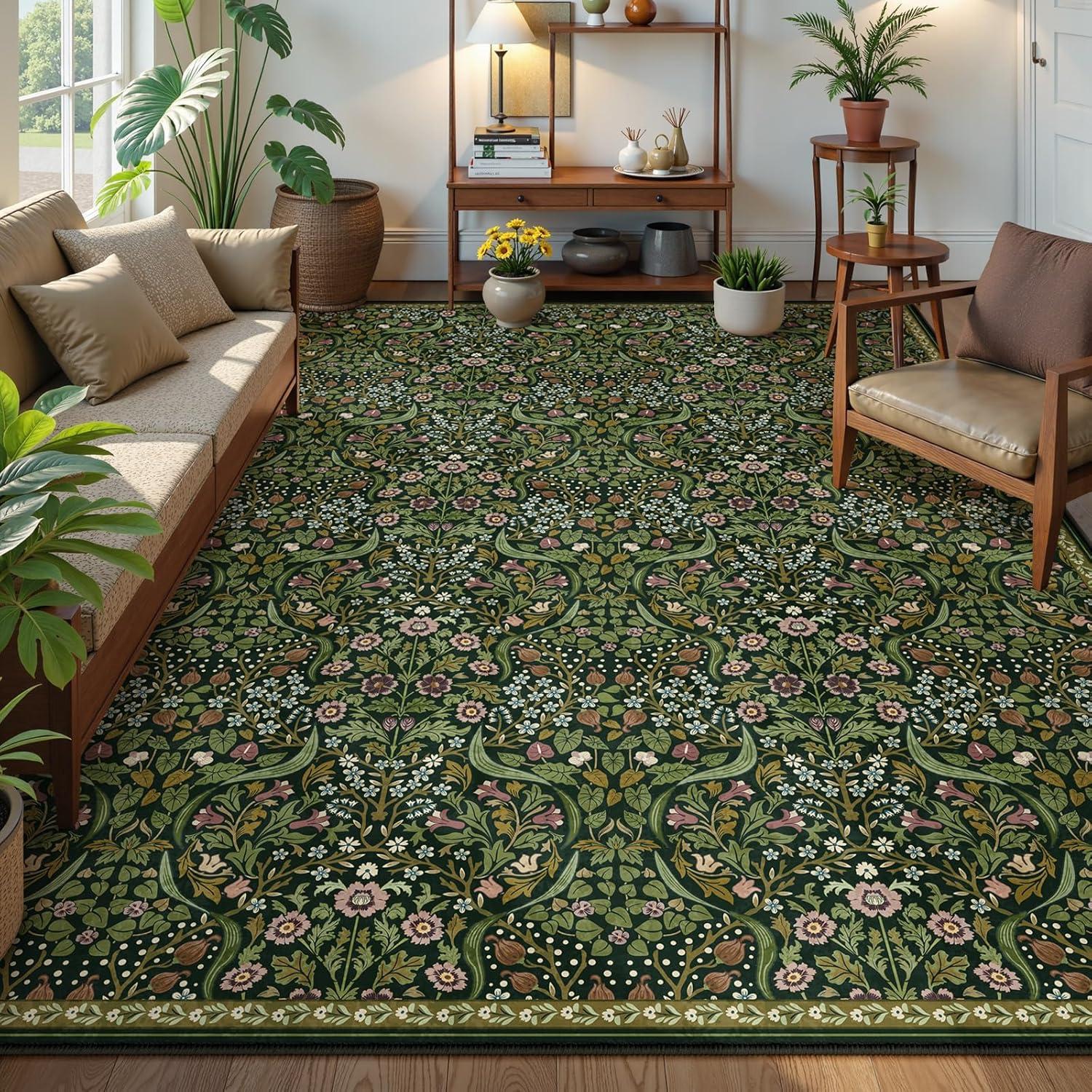 imageMoynesa Floral Washable 8x10 Rug Large Rugs for Living Room Green Soft 8 x 10 Boho Bedroom Rugs Non Slip Botanical Ultra Thin Floor Carpet for Dining Room Nursery GreenGreen