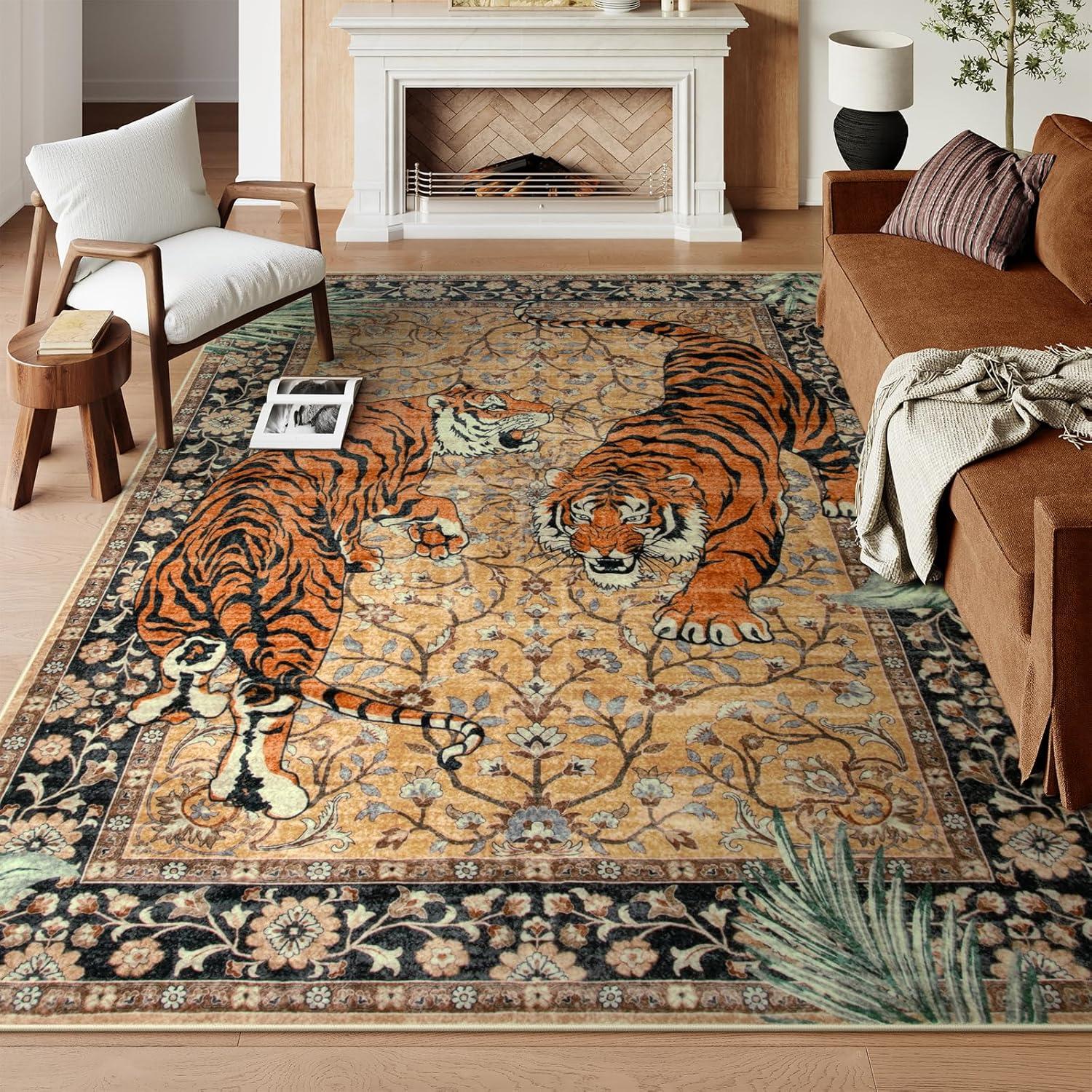 imageMoynesa Tiger Washable Rugs 8x10 Area Rugs for Living Room Soft Large Vintage 8x10 Bedroom Green Rug Botanical Non Slip Ultra Thin Floor Carpet for Dining Room Home OfficeCamel