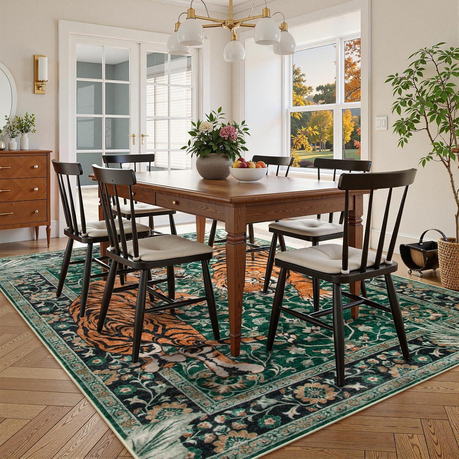 imageMoynesa Tiger Washable Rugs 8x10 Area Rugs for Living Room Soft Large Vintage 8x10 Bedroom Green Rug Botanical Non Slip Ultra Thin Floor Carpet for Dining Room Home OfficeGreen