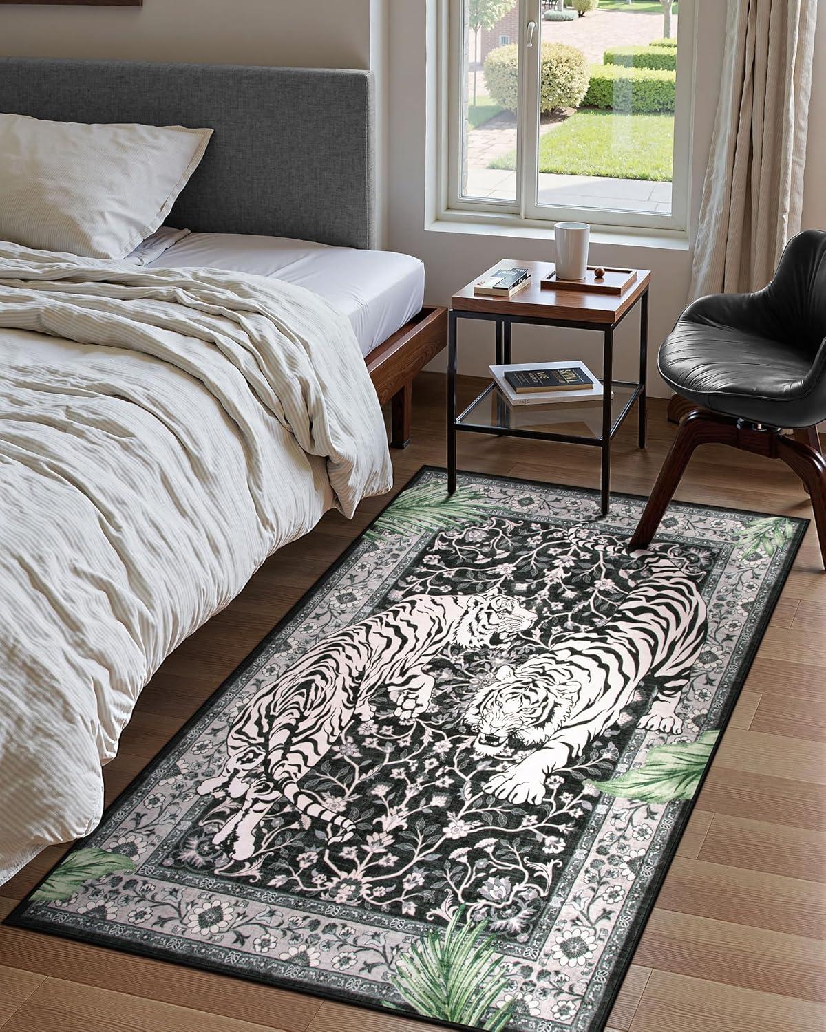 imageMoynesa Tiger Washable Rugs 8x10 Area Rugs for Living Room Soft Large Vintage 8x10 Bedroom Green Rug Botanical Non Slip Ultra Thin Floor Carpet for Dining Room Home OfficeBlack