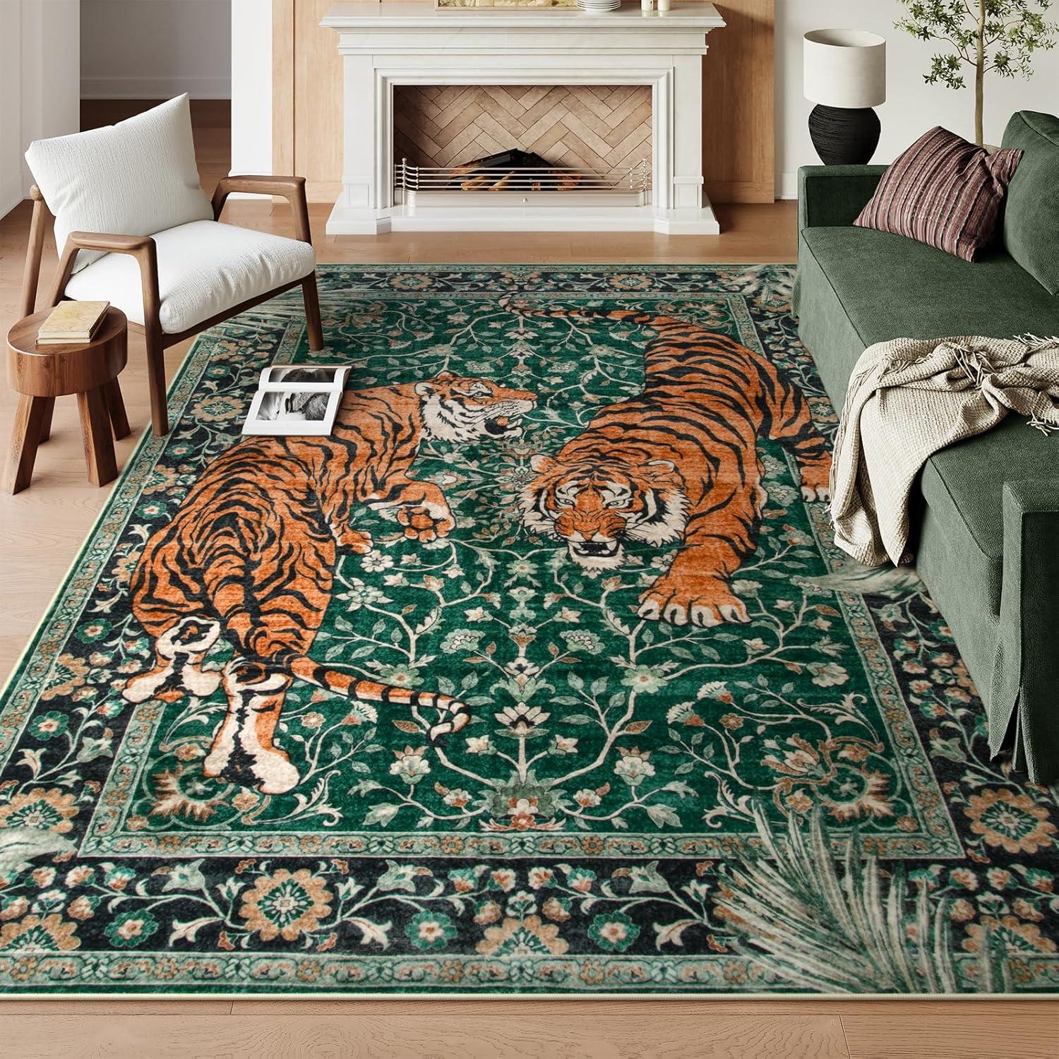 imageMoynesa Tiger Washable Rugs 8x10 Area Rugs for Living Room Soft Large Vintage 8x10 Bedroom Green Rug Botanical Non Slip Ultra Thin Floor Carpet for Dining Room Home OfficeGreen