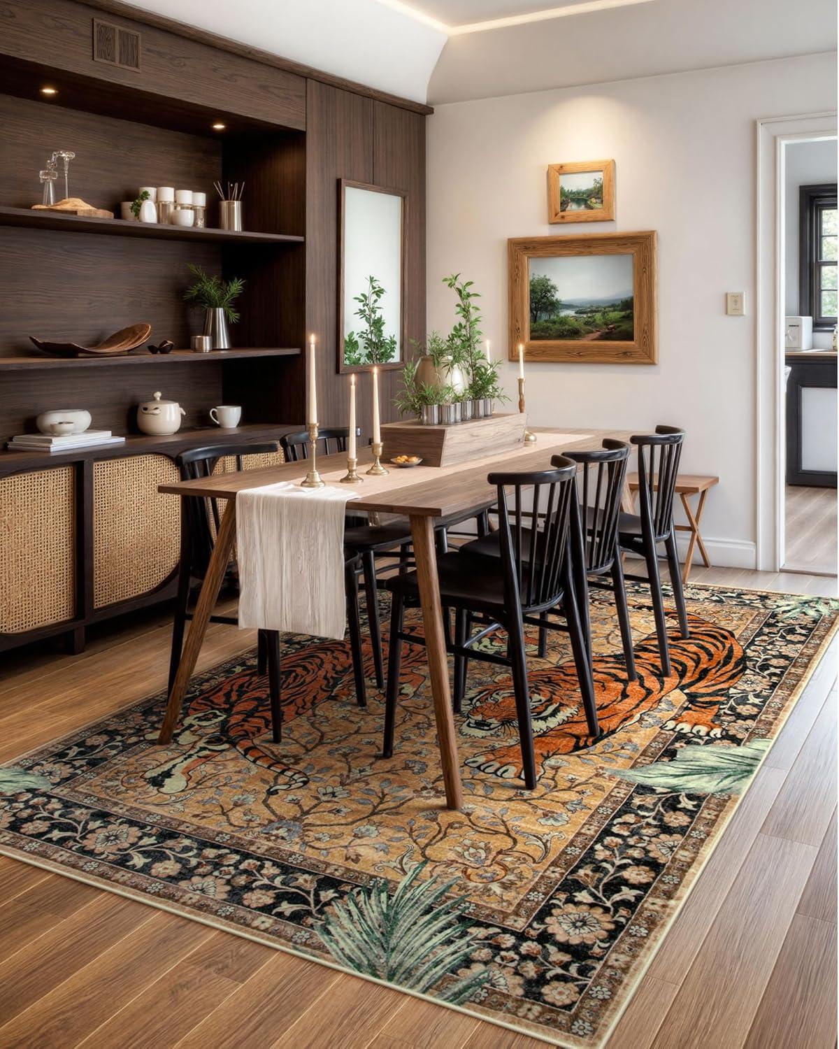 imageMoynesa Tiger Washable Rugs 8x10 Area Rugs for Living Room Soft Large Vintage 8x10 Bedroom Green Rug Botanical Non Slip Ultra Thin Floor Carpet for Dining Room Home OfficeCamel