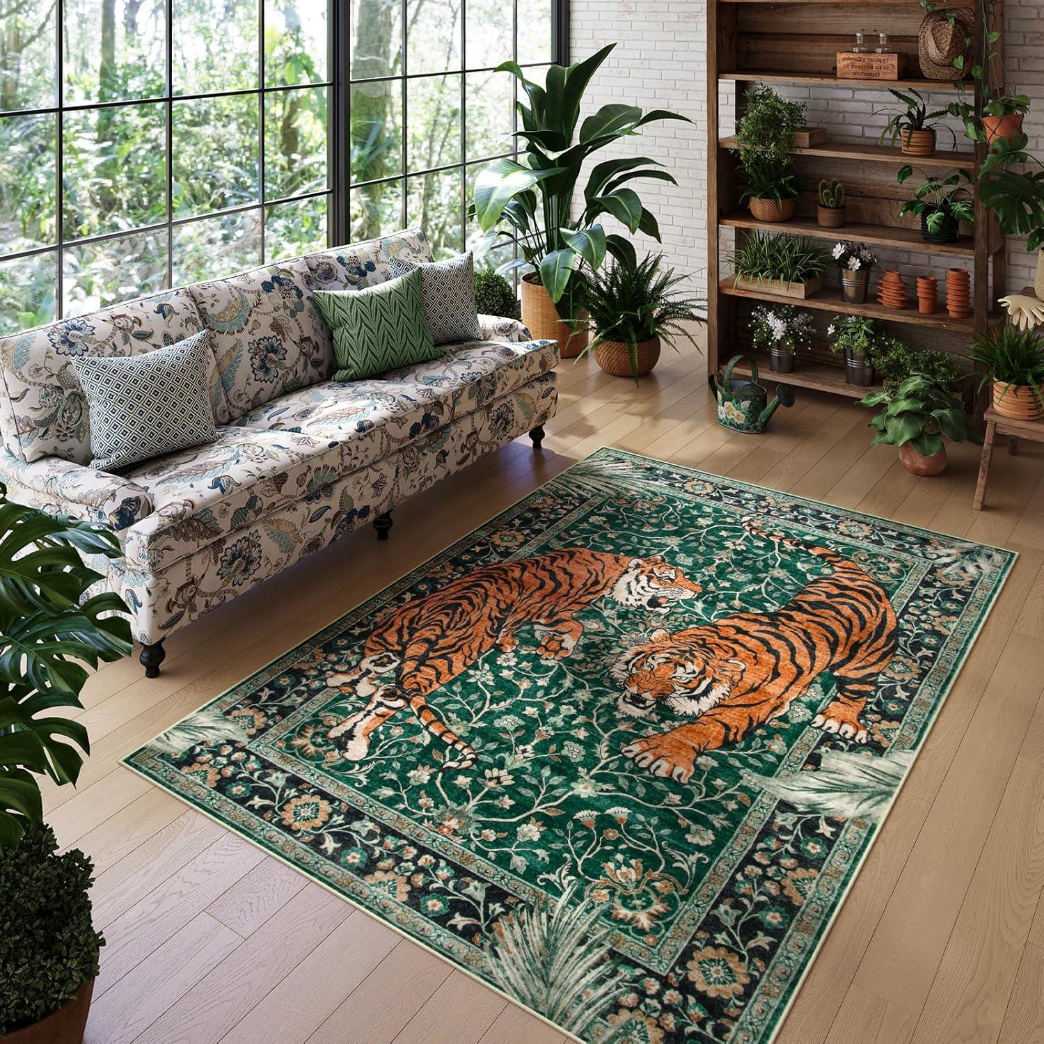 imageMoynesa Tiger Washable Rugs 8x10 Area Rugs for Living Room Soft Large Vintage 8x10 Bedroom Green Rug Botanical Non Slip Ultra Thin Floor Carpet for Dining Room Home OfficeGreen