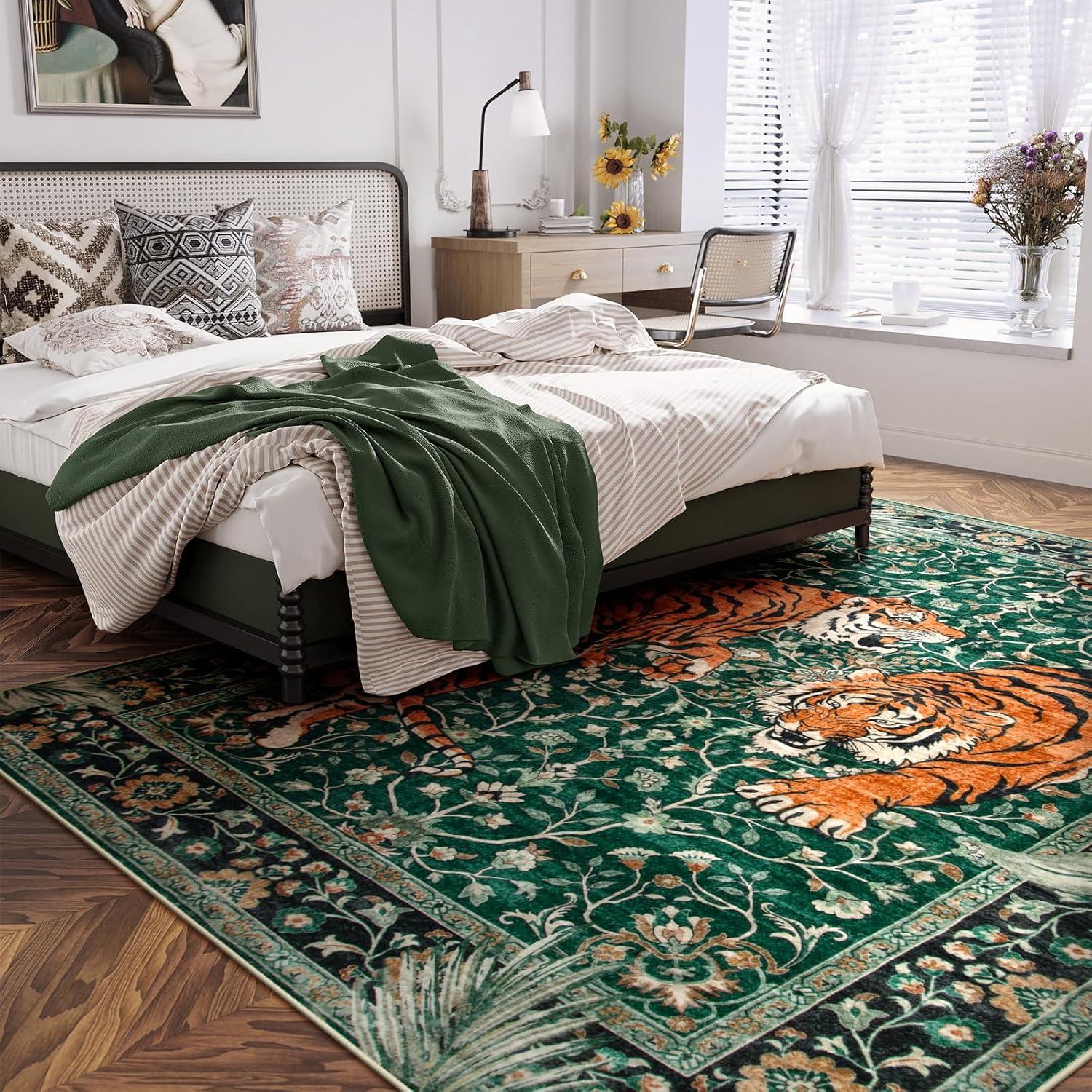 imageMoynesa Tiger Washable Rugs 8x10 Area Rugs for Living Room Soft Large Vintage 8x10 Bedroom Green Rug Botanical Non Slip Ultra Thin Floor Carpet for Dining Room Home OfficeGreen
