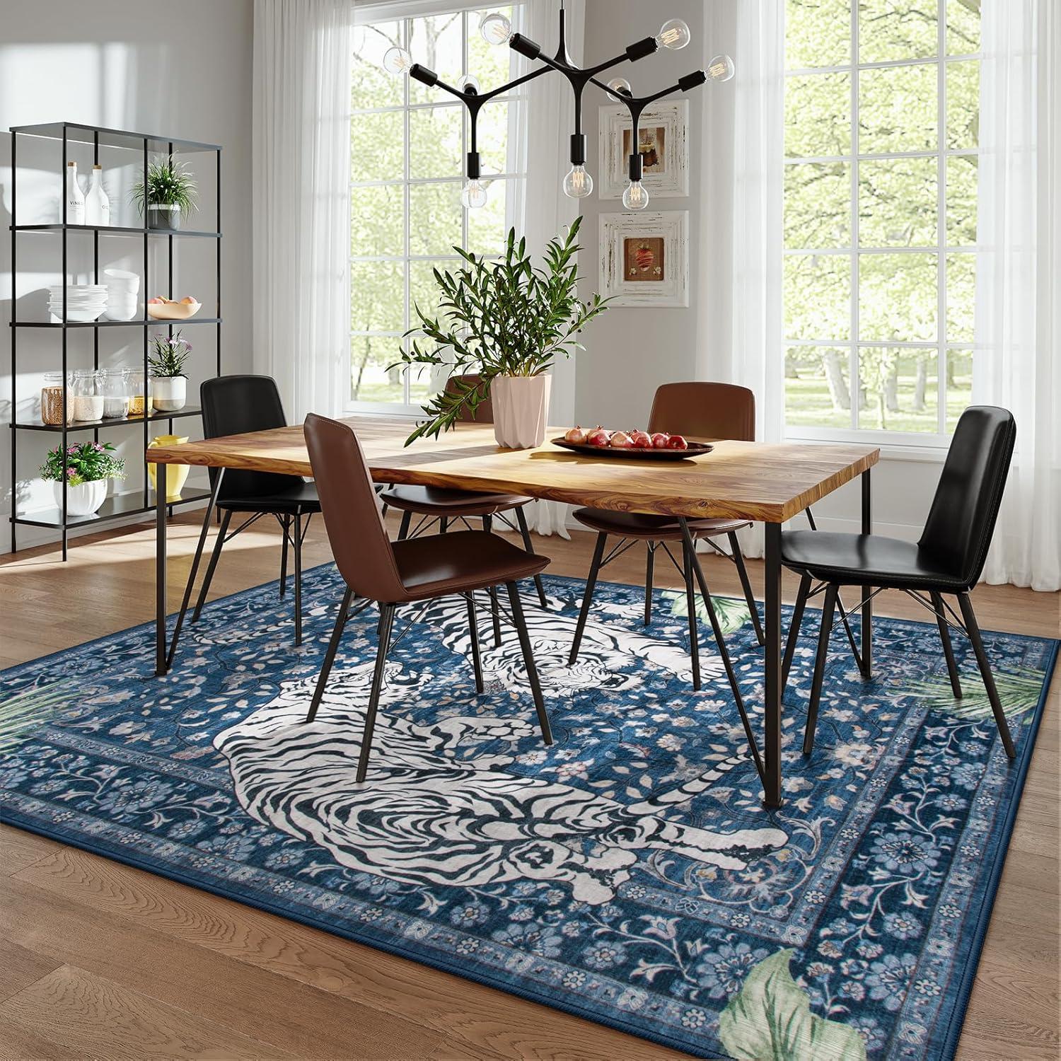 imageMoynesa Tiger Washable Rugs 8x10 Area Rugs for Living Room Soft Large Vintage 8x10 Bedroom Green Rug Botanical Non Slip Ultra Thin Floor Carpet for Dining Room Home OfficeBlue