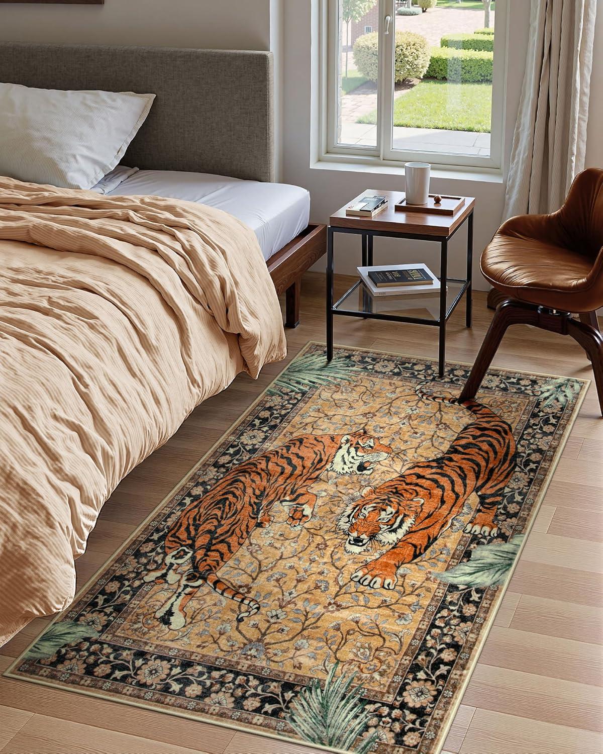 imageMoynesa Tiger Washable Rugs 8x10 Area Rugs for Living Room Soft Large Vintage 8x10 Bedroom Green Rug Botanical Non Slip Ultra Thin Floor Carpet for Dining Room Home OfficeCamel