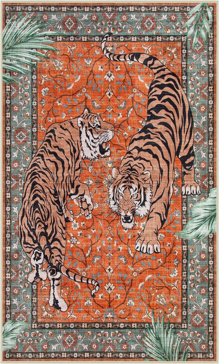 imageMoynesa Tiger Washable Rugs 8x10 Area Rugs for Living Room Soft Large Vintage 8x10 Bedroom Green Rug Botanical Non Slip Ultra Thin Floor Carpet for Dining Room Home OfficeRust