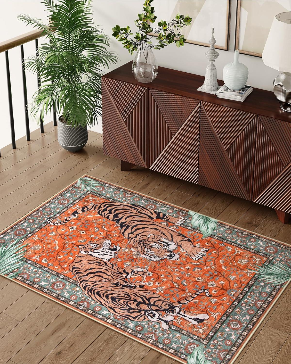 imageMoynesa Tiger Washable Rugs 8x10 Area Rugs for Living Room Soft Large Vintage 8x10 Bedroom Green Rug Botanical Non Slip Ultra Thin Floor Carpet for Dining Room Home OfficeRust