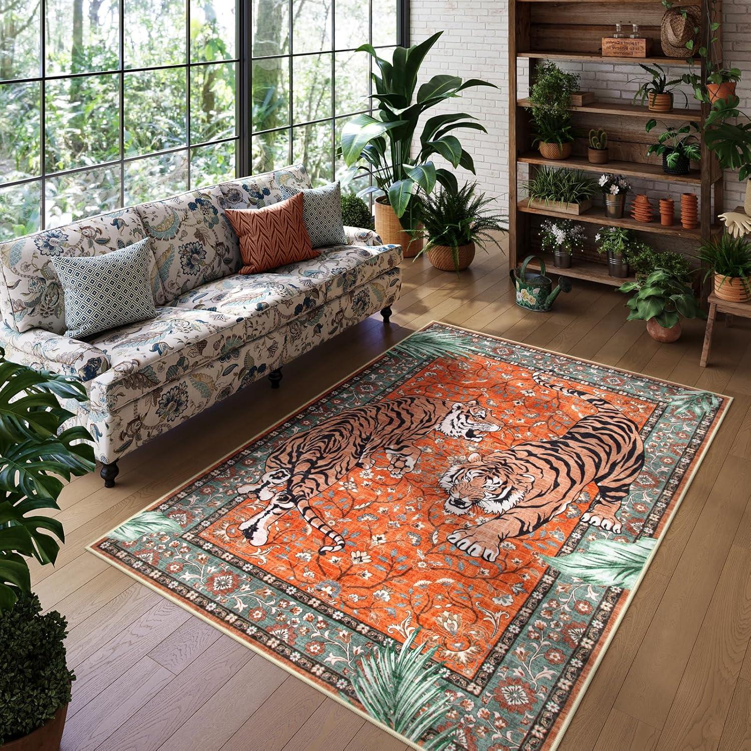 imageMoynesa Tiger Washable Rugs 8x10 Area Rugs for Living Room Soft Large Vintage 8x10 Bedroom Green Rug Botanical Non Slip Ultra Thin Floor Carpet for Dining Room Home OfficeRust
