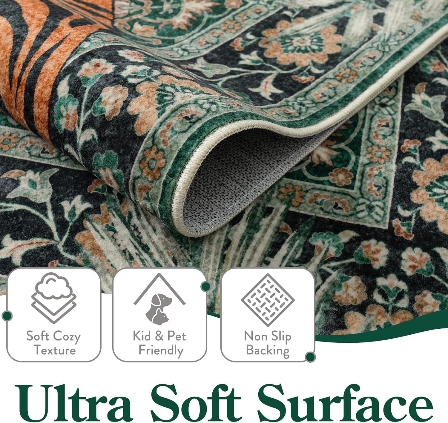 imageMoynesa Tiger Washable Rugs 8x10 Area Rugs for Living Room Soft Large Vintage 8x10 Bedroom Green Rug Botanical Non Slip Ultra Thin Floor Carpet for Dining Room Home OfficeGreen