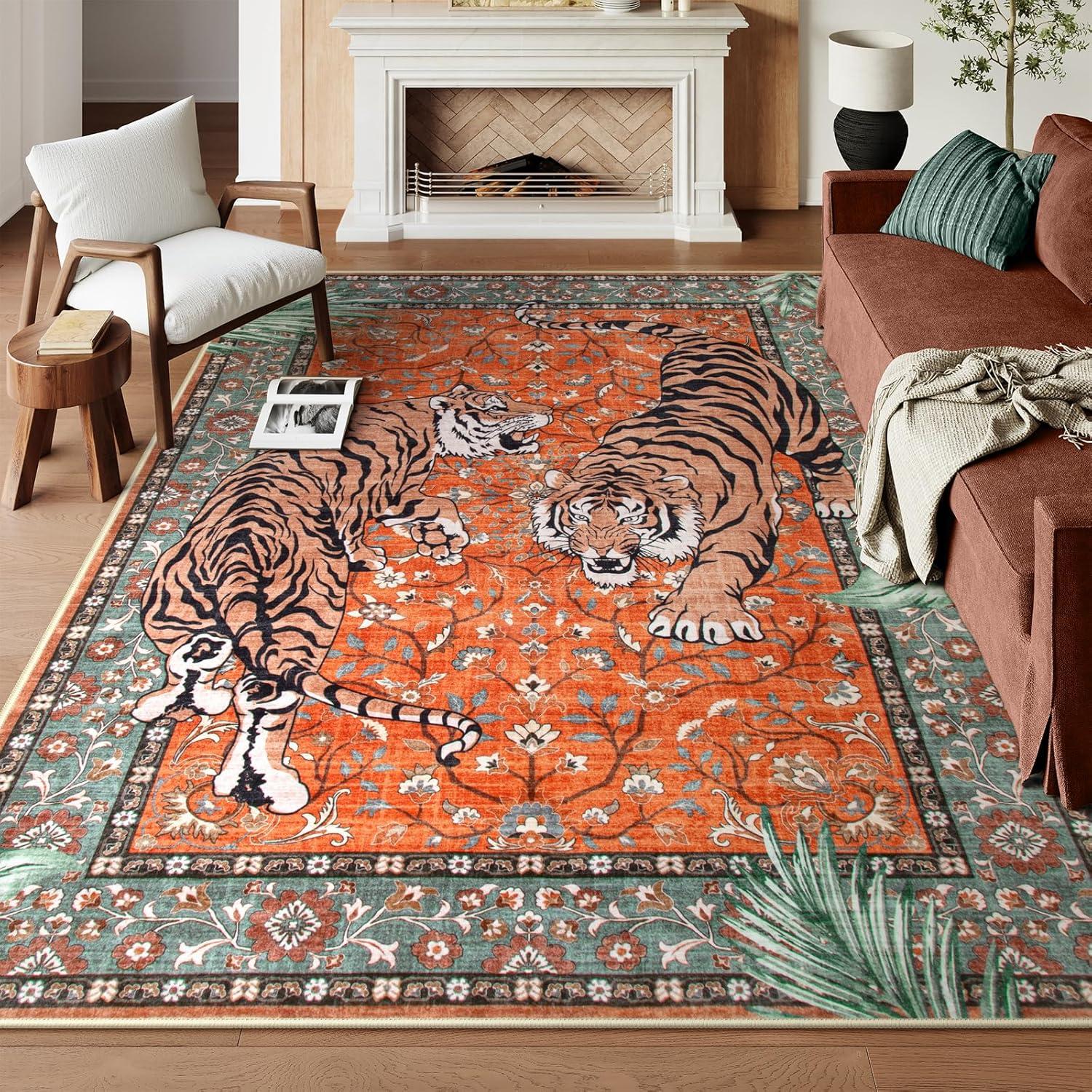 imageMoynesa Tiger Washable Rugs 8x10 Area Rugs for Living Room Soft Large Vintage 8x10 Bedroom Green Rug Botanical Non Slip Ultra Thin Floor Carpet for Dining Room Home OfficeRust