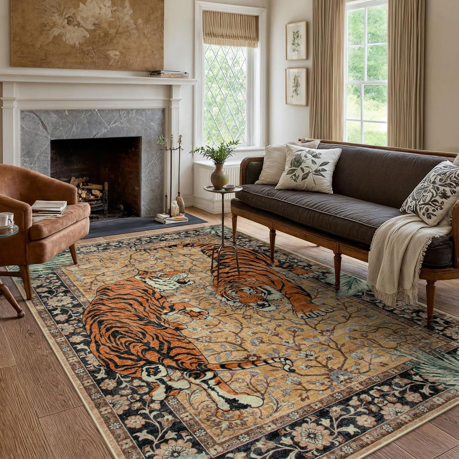 imageMoynesa Tiger Washable Rugs 8x10 Area Rugs for Living Room Soft Large Vintage 8x10 Bedroom Green Rug Botanical Non Slip Ultra Thin Floor Carpet for Dining Room Home OfficeCamel