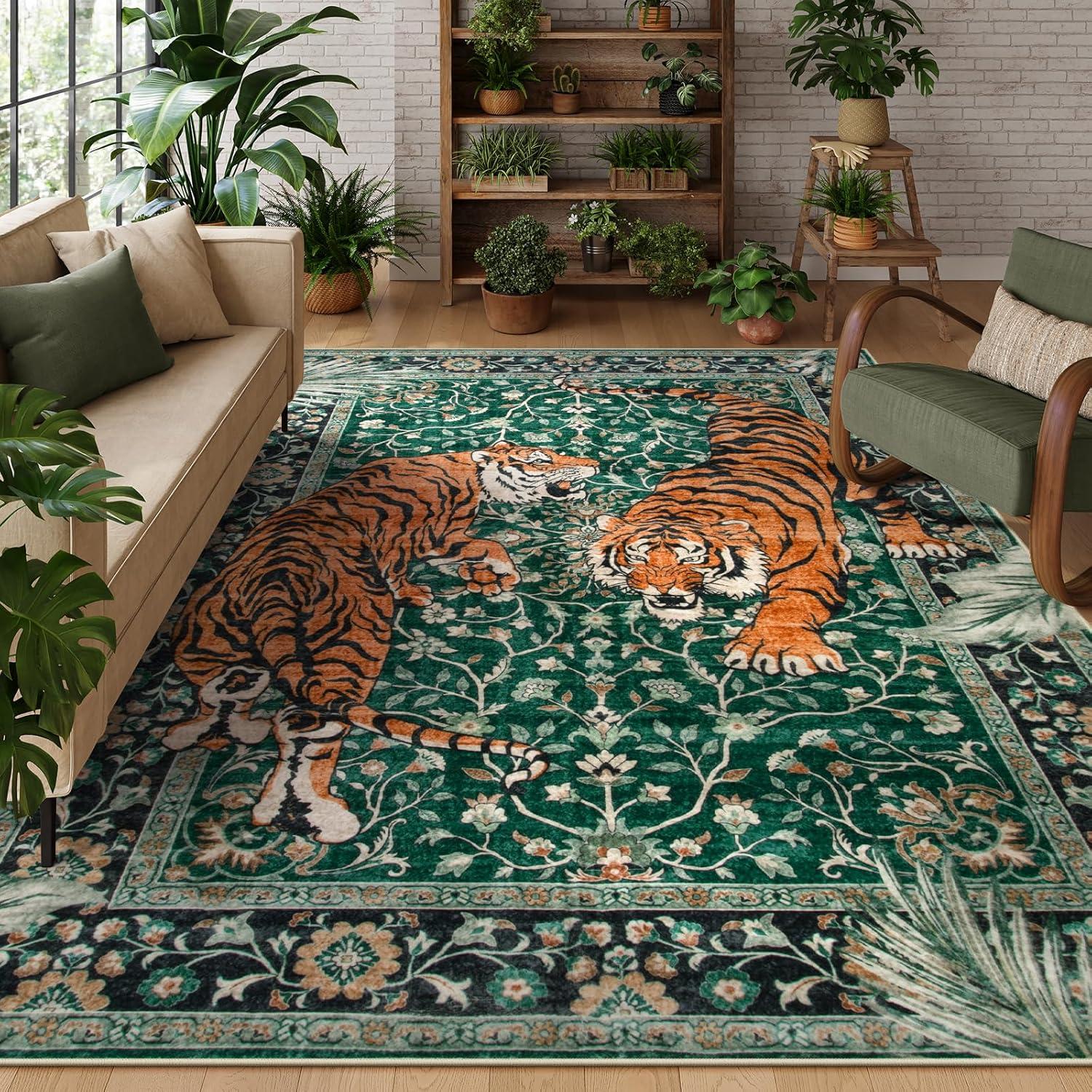 imageMoynesa Tiger Washable Rugs 8x10 Area Rugs for Living Room Soft Large Vintage 8x10 Bedroom Green Rug Botanical Non Slip Ultra Thin Floor Carpet for Dining Room Home OfficeGreen
