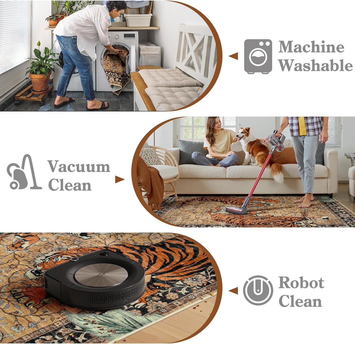 imageMoynesa Tiger Washable Rugs 8x10 Area Rugs for Living Room Soft Large Vintage 8x10 Bedroom Green Rug Botanical Non Slip Ultra Thin Floor Carpet for Dining Room Home OfficeCamel