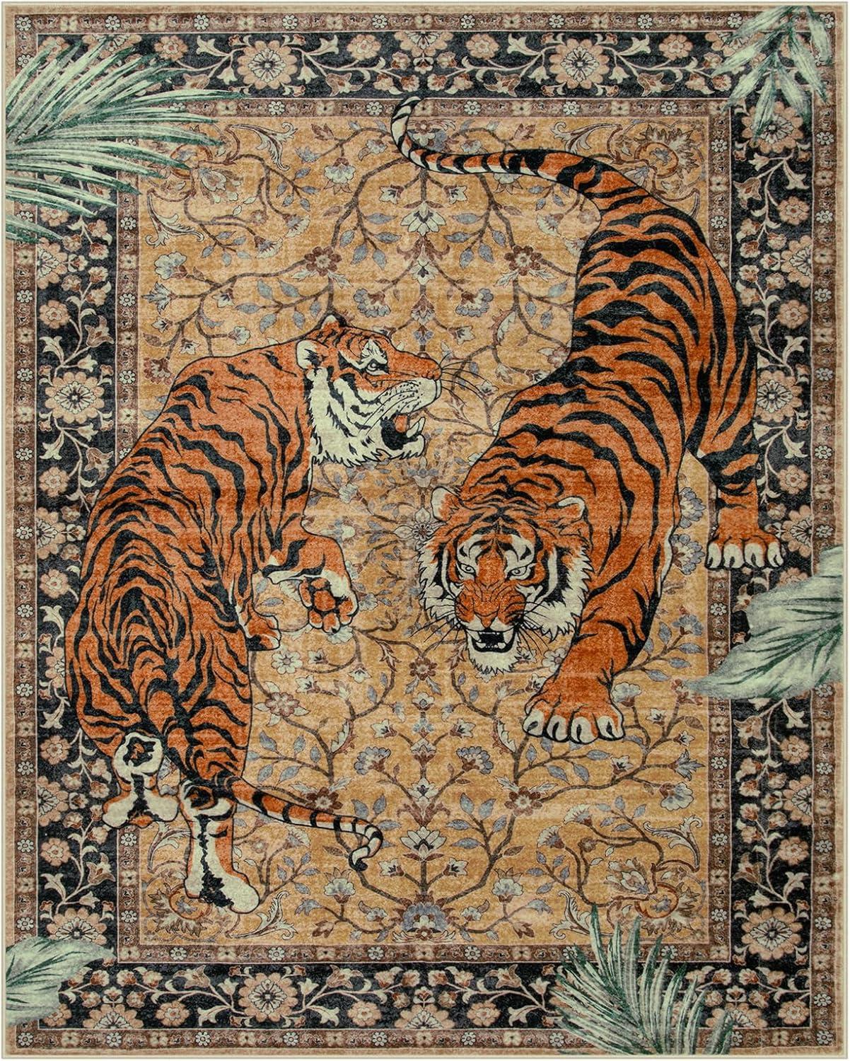 imageMoynesa Tiger Washable Rugs 8x10 Area Rugs for Living Room Soft Large Vintage 8x10 Bedroom Green Rug Botanical Non Slip Ultra Thin Floor Carpet for Dining Room Home OfficeCamel