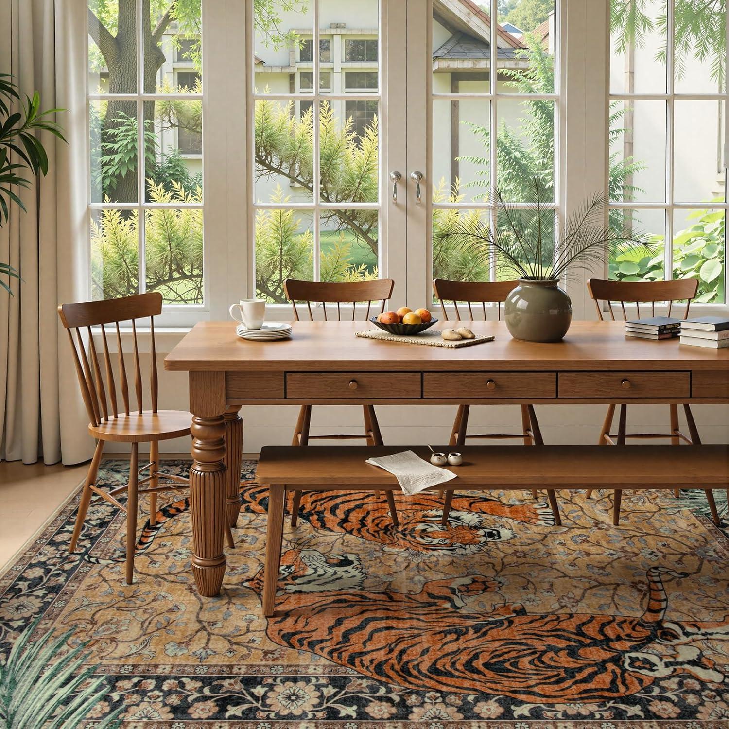 imageMoynesa Tiger Washable Rugs 8x10 Area Rugs for Living Room Soft Large Vintage 8x10 Bedroom Green Rug Botanical Non Slip Ultra Thin Floor Carpet for Dining Room Home OfficeCamel