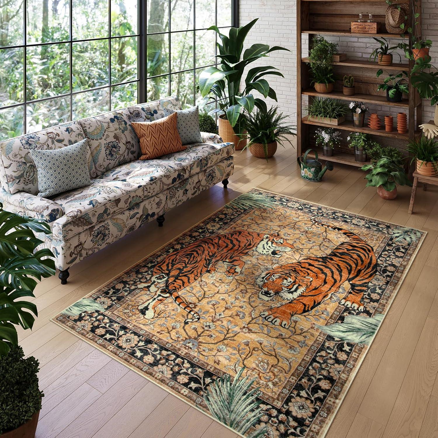 imageMoynesa Tiger Washable Rugs 8x10 Area Rugs for Living Room Soft Large Vintage 8x10 Bedroom Green Rug Botanical Non Slip Ultra Thin Floor Carpet for Dining Room Home OfficeCamel