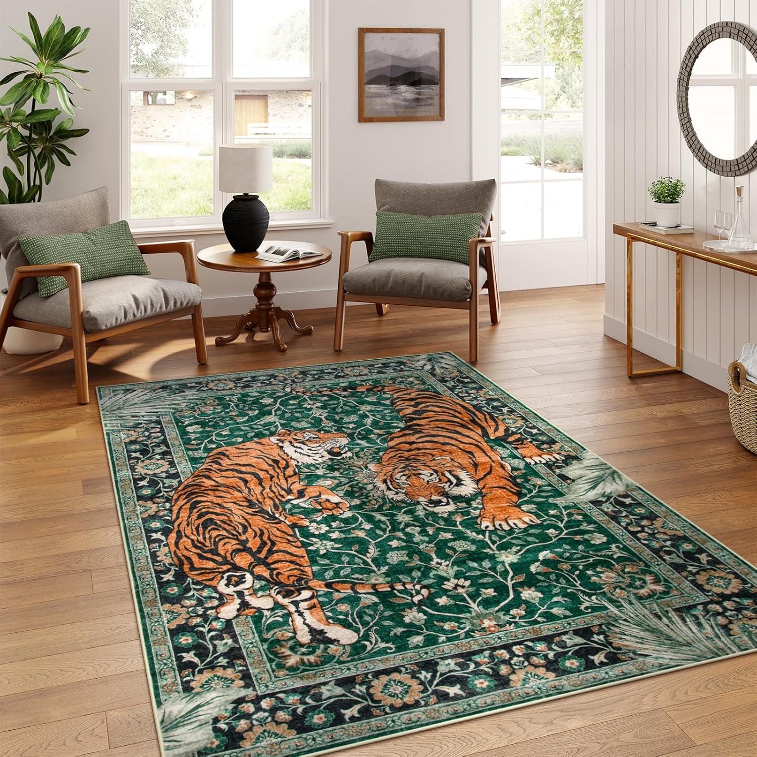 imageMoynesa Tiger Washable Rugs 8x10 Area Rugs for Living Room Soft Large Vintage 8x10 Bedroom Green Rug Botanical Non Slip Ultra Thin Floor Carpet for Dining Room Home OfficeGreen