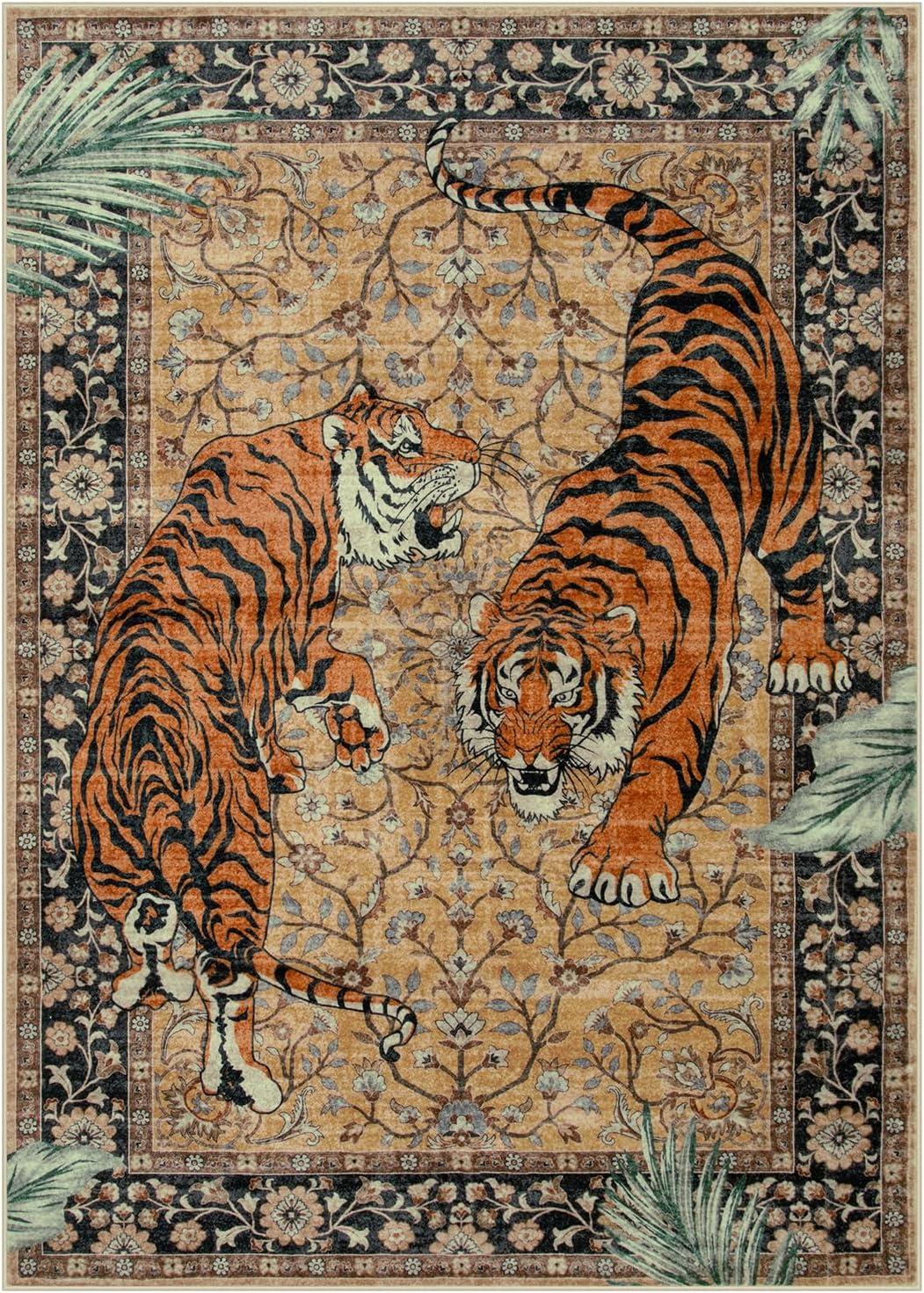 imageMoynesa Tiger Washable Rugs 8x10 Area Rugs for Living Room Soft Large Vintage 8x10 Bedroom Green Rug Botanical Non Slip Ultra Thin Floor Carpet for Dining Room Home OfficeCamel
