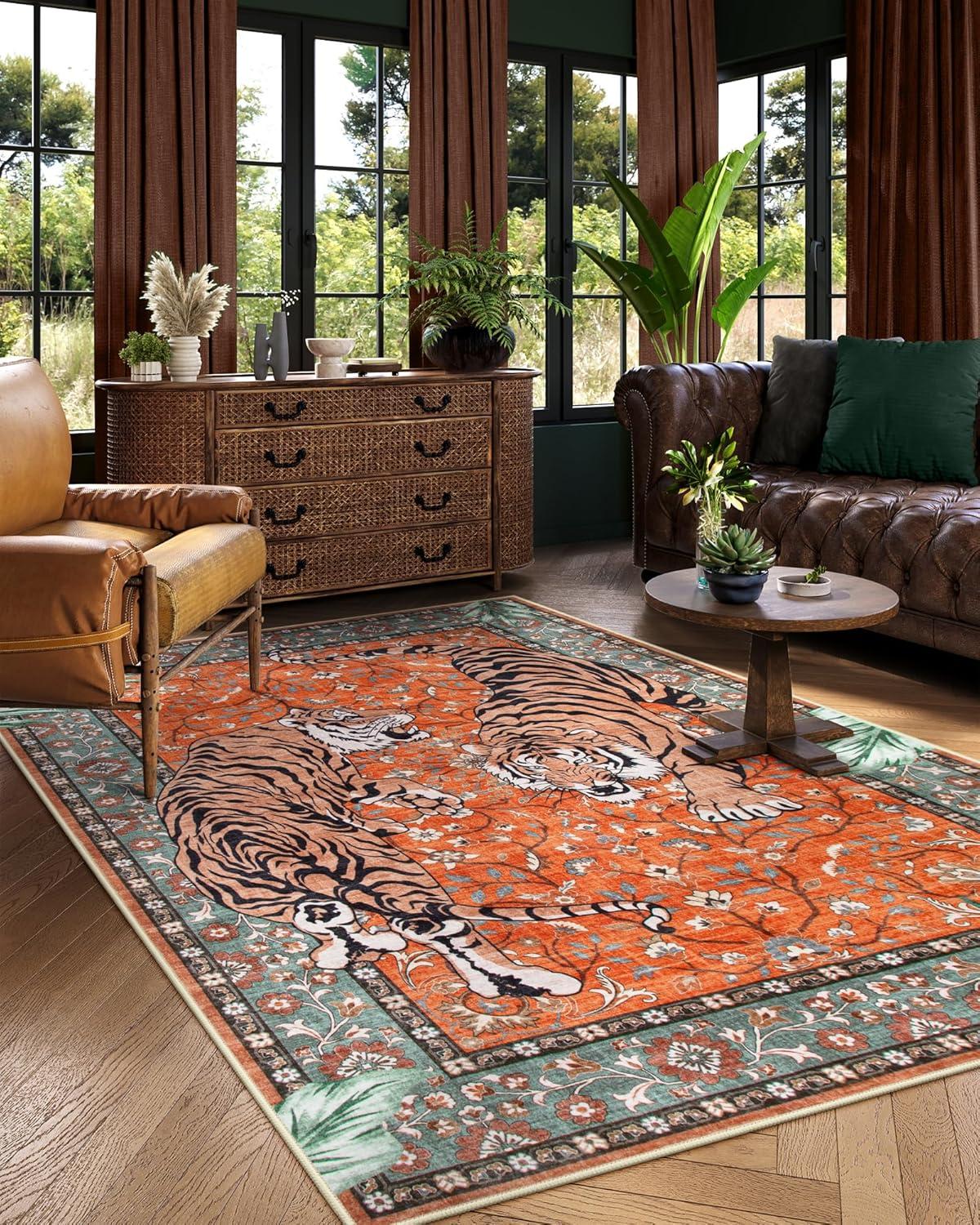 imageMoynesa Tiger Washable Rugs 8x10 Area Rugs for Living Room Soft Large Vintage 8x10 Bedroom Green Rug Botanical Non Slip Ultra Thin Floor Carpet for Dining Room Home OfficeRust