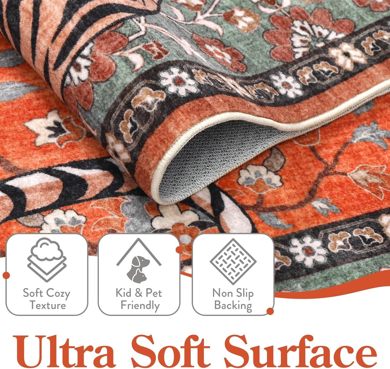 imageMoynesa Tiger Washable Rugs 8x10 Area Rugs for Living Room Soft Large Vintage 8x10 Bedroom Green Rug Botanical Non Slip Ultra Thin Floor Carpet for Dining Room Home OfficeRust