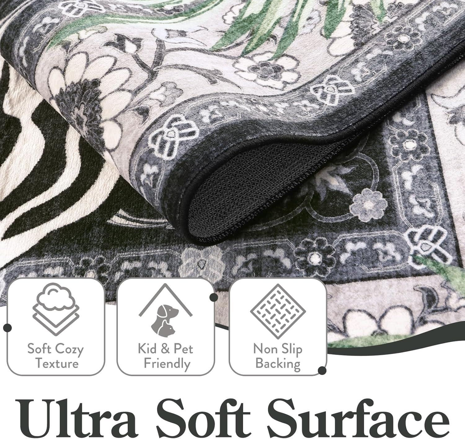 imageMoynesa Tiger Washable Rugs 8x10 Area Rugs for Living Room Soft Large Vintage 8x10 Bedroom Green Rug Botanical Non Slip Ultra Thin Floor Carpet for Dining Room Home OfficeBlack