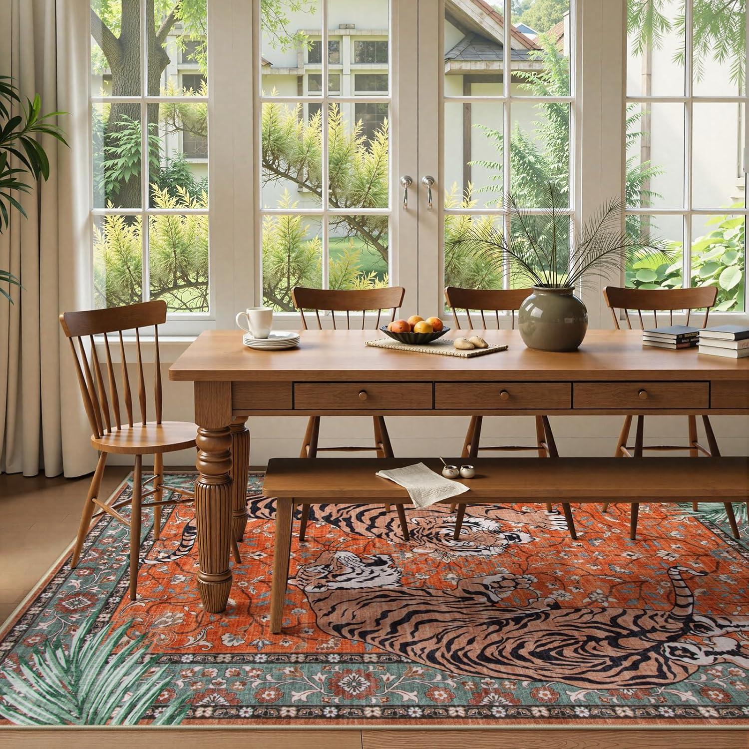 imageMoynesa Tiger Washable Rugs 8x10 Area Rugs for Living Room Soft Large Vintage 8x10 Bedroom Green Rug Botanical Non Slip Ultra Thin Floor Carpet for Dining Room Home OfficeRust