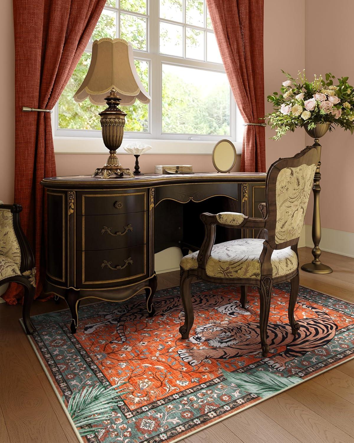 imageMoynesa Tiger Washable Rugs 8x10 Area Rugs for Living Room Soft Large Vintage 8x10 Bedroom Green Rug Botanical Non Slip Ultra Thin Floor Carpet for Dining Room Home OfficeRust