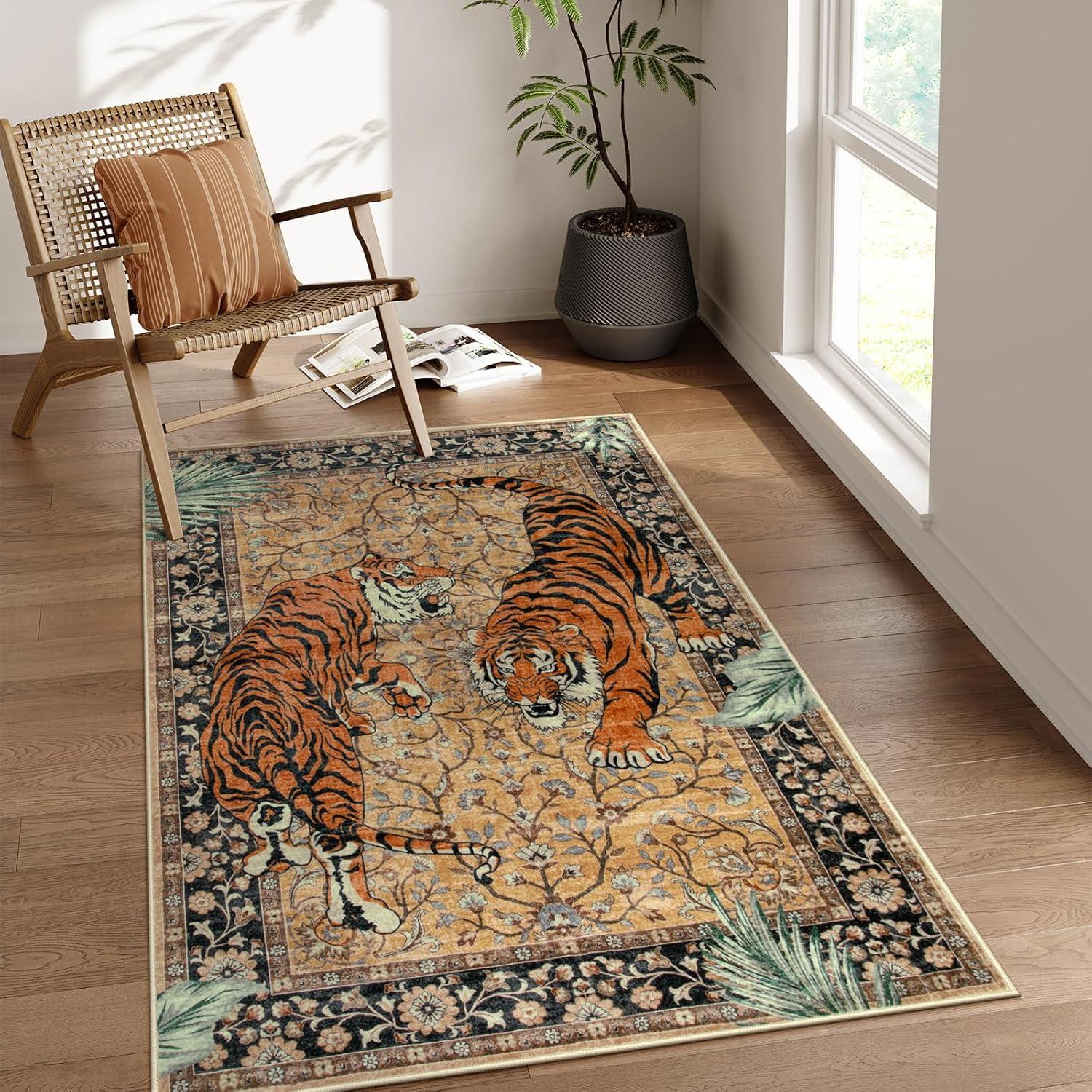 imageMoynesa Tiger Washable Rugs 8x10 Area Rugs for Living Room Soft Large Vintage 8x10 Bedroom Green Rug Botanical Non Slip Ultra Thin Floor Carpet for Dining Room Home OfficeCamel