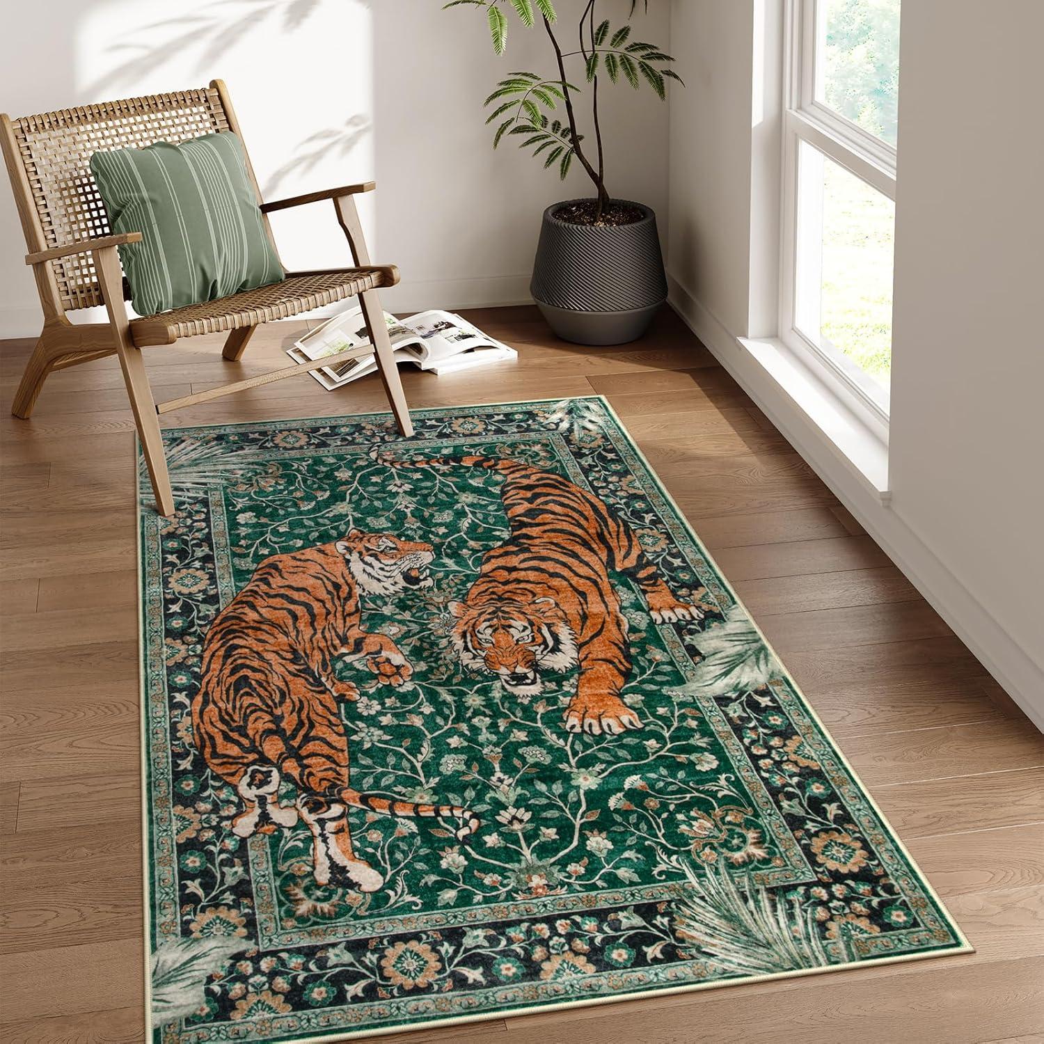 imageMoynesa Tiger Washable Rugs 8x10 Area Rugs for Living Room Soft Large Vintage 8x10 Bedroom Green Rug Botanical Non Slip Ultra Thin Floor Carpet for Dining Room Home OfficeGreen