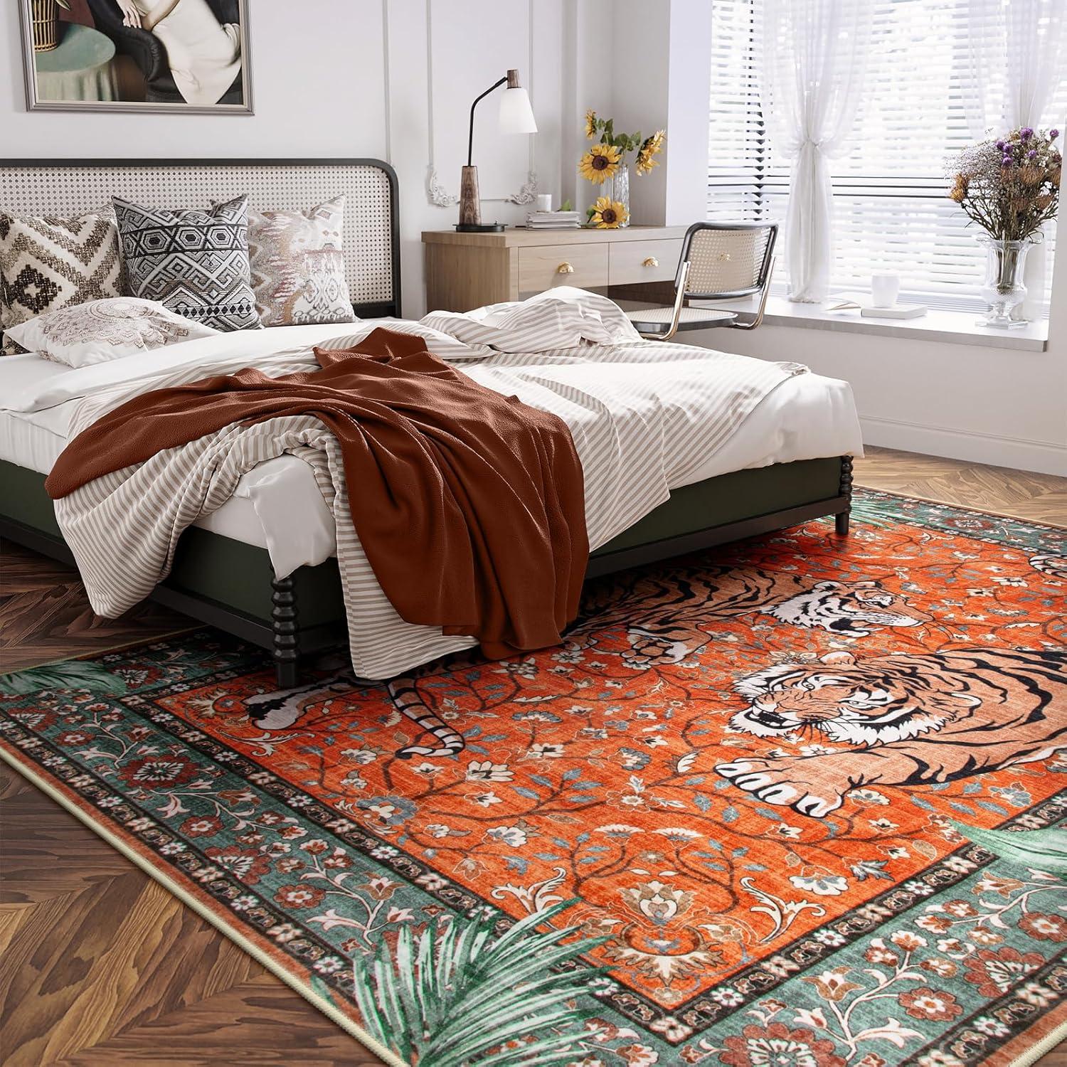 imageMoynesa Tiger Washable Rugs 8x10 Area Rugs for Living Room Soft Large Vintage 8x10 Bedroom Green Rug Botanical Non Slip Ultra Thin Floor Carpet for Dining Room Home OfficeRust