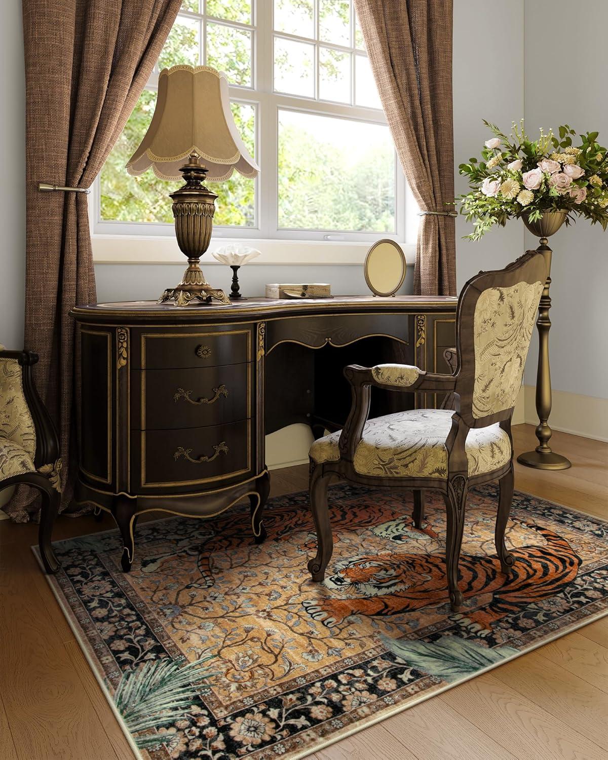 imageMoynesa Tiger Washable Rugs 8x10 Area Rugs for Living Room Soft Large Vintage 8x10 Bedroom Green Rug Botanical Non Slip Ultra Thin Floor Carpet for Dining Room Home OfficeCamel