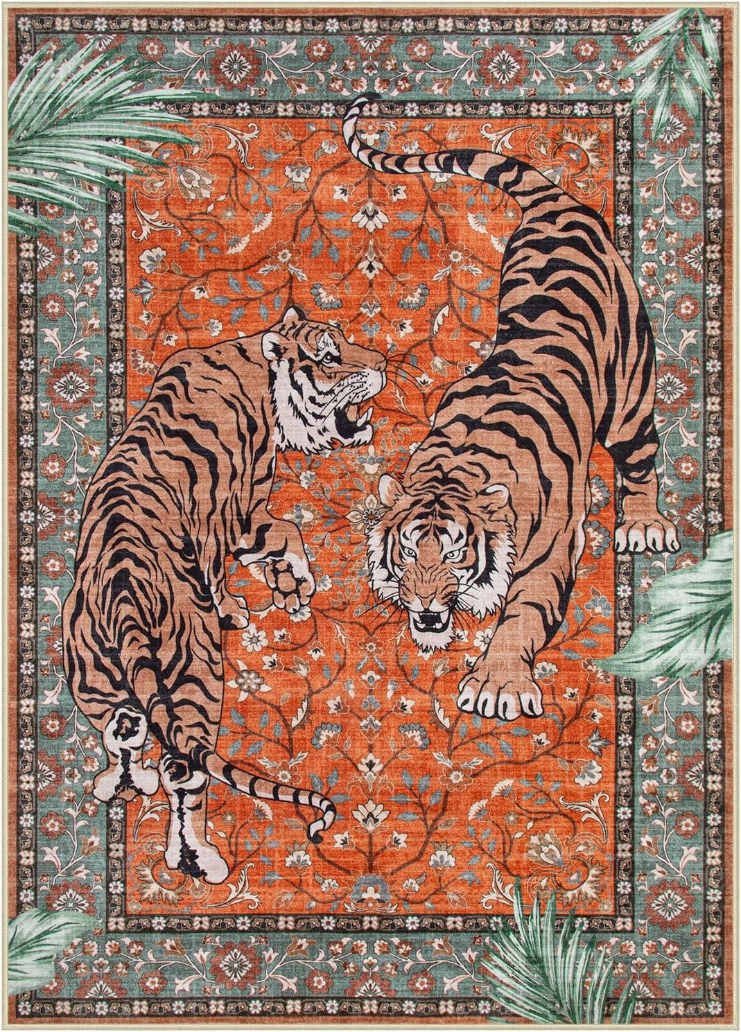 imageMoynesa Tiger Washable Rugs 8x10 Area Rugs for Living Room Soft Large Vintage 8x10 Bedroom Green Rug Botanical Non Slip Ultra Thin Floor Carpet for Dining Room Home OfficeRust