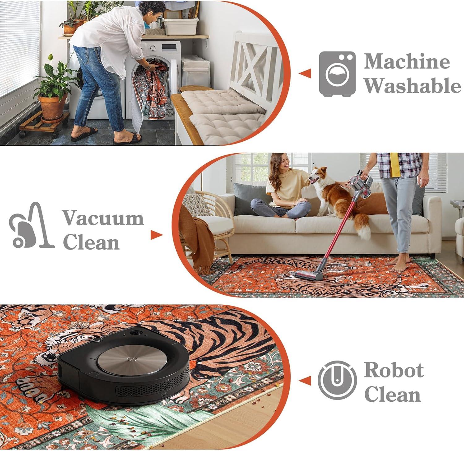 imageMoynesa Tiger Washable Rugs 8x10 Area Rugs for Living Room Soft Large Vintage 8x10 Bedroom Green Rug Botanical Non Slip Ultra Thin Floor Carpet for Dining Room Home OfficeRust