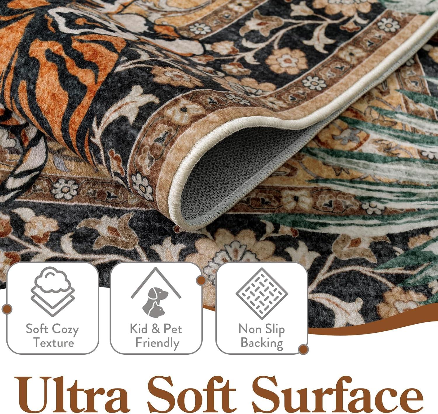 imageMoynesa Tiger Washable Rugs 8x10 Area Rugs for Living Room Soft Large Vintage 8x10 Bedroom Green Rug Botanical Non Slip Ultra Thin Floor Carpet for Dining Room Home OfficeCamel