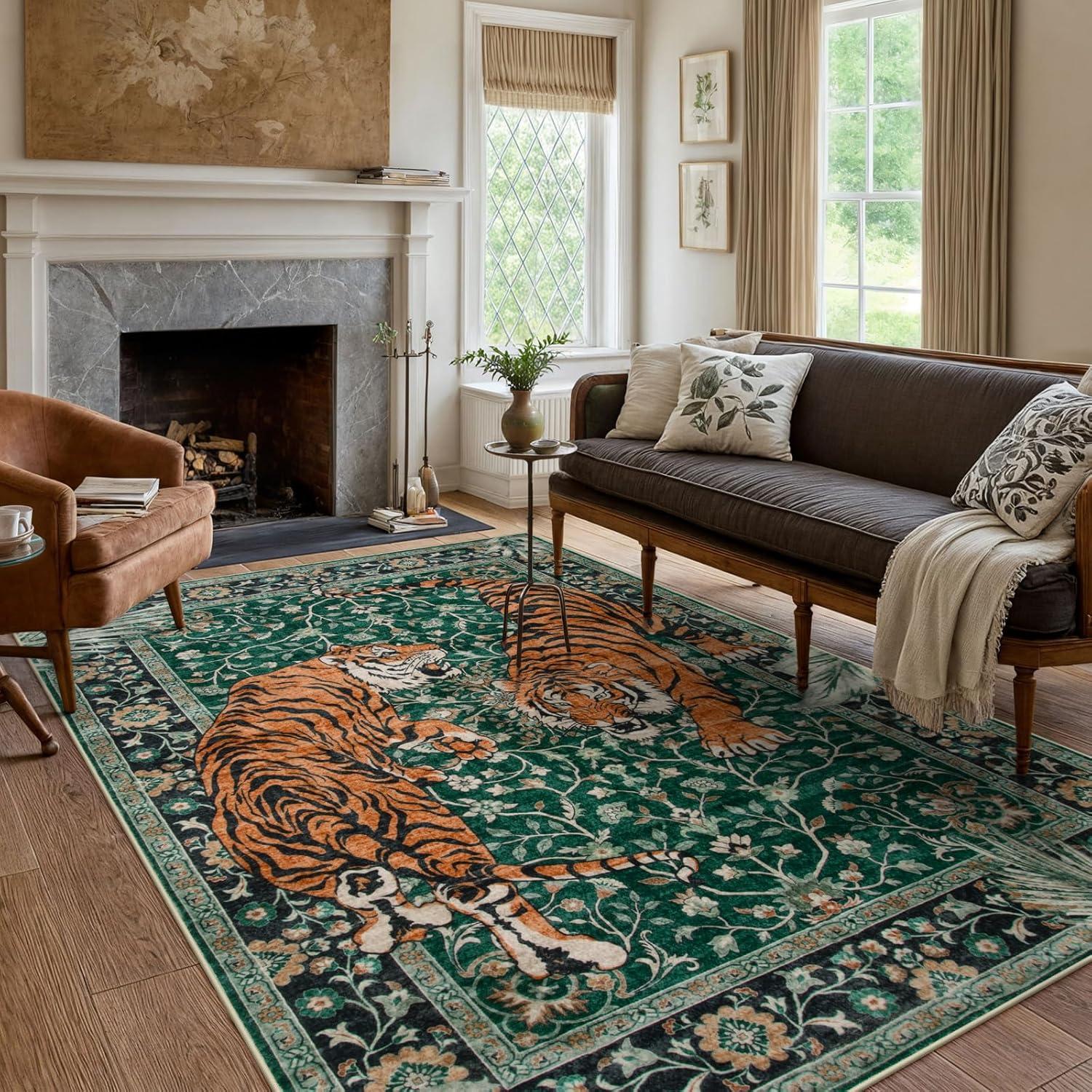 imageMoynesa Tiger Washable Rugs 8x10 Area Rugs for Living Room Soft Large Vintage 8x10 Bedroom Green Rug Botanical Non Slip Ultra Thin Floor Carpet for Dining Room Home OfficeGreen