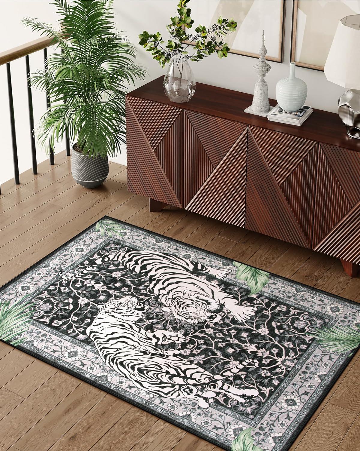 imageMoynesa Tiger Washable Rugs 8x10 Area Rugs for Living Room Soft Large Vintage 8x10 Bedroom Green Rug Botanical Non Slip Ultra Thin Floor Carpet for Dining Room Home OfficeBlack
