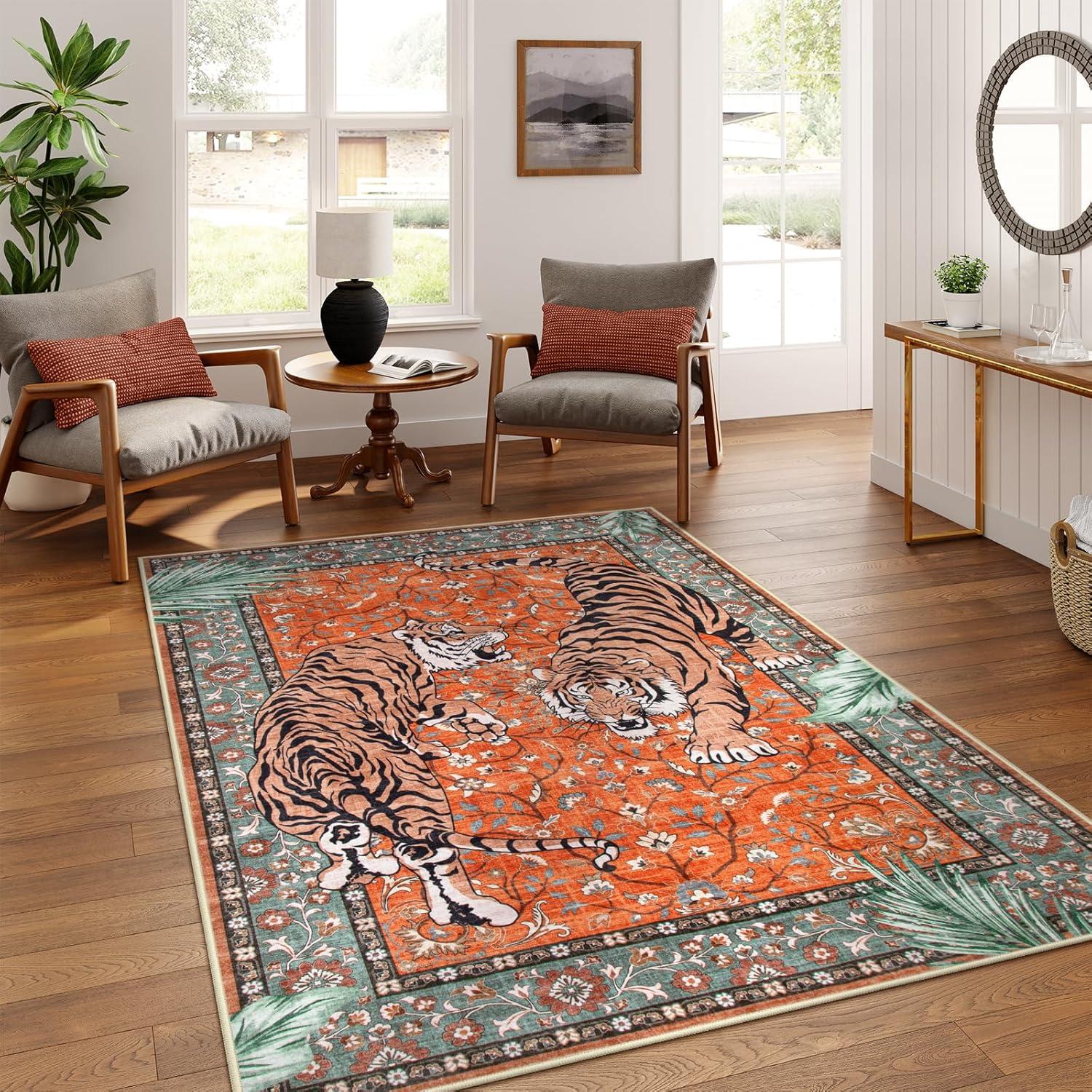 imageMoynesa Tiger Washable Rugs 8x10 Area Rugs for Living Room Soft Large Vintage 8x10 Bedroom Green Rug Botanical Non Slip Ultra Thin Floor Carpet for Dining Room Home OfficeRust