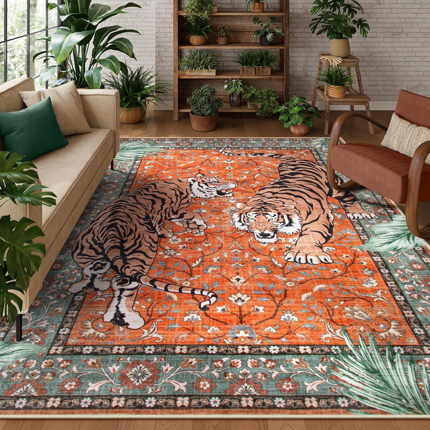 imageMoynesa Tiger Washable Rugs 8x10 Area Rugs for Living Room Soft Large Vintage 8x10 Bedroom Green Rug Botanical Non Slip Ultra Thin Floor Carpet for Dining Room Home OfficeRust