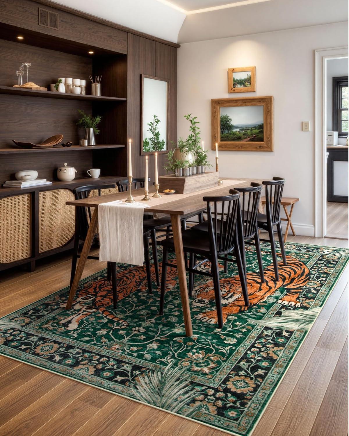 imageMoynesa Tiger Washable Rugs 8x10 Area Rugs for Living Room Soft Large Vintage 8x10 Bedroom Green Rug Botanical Non Slip Ultra Thin Floor Carpet for Dining Room Home OfficeGreen