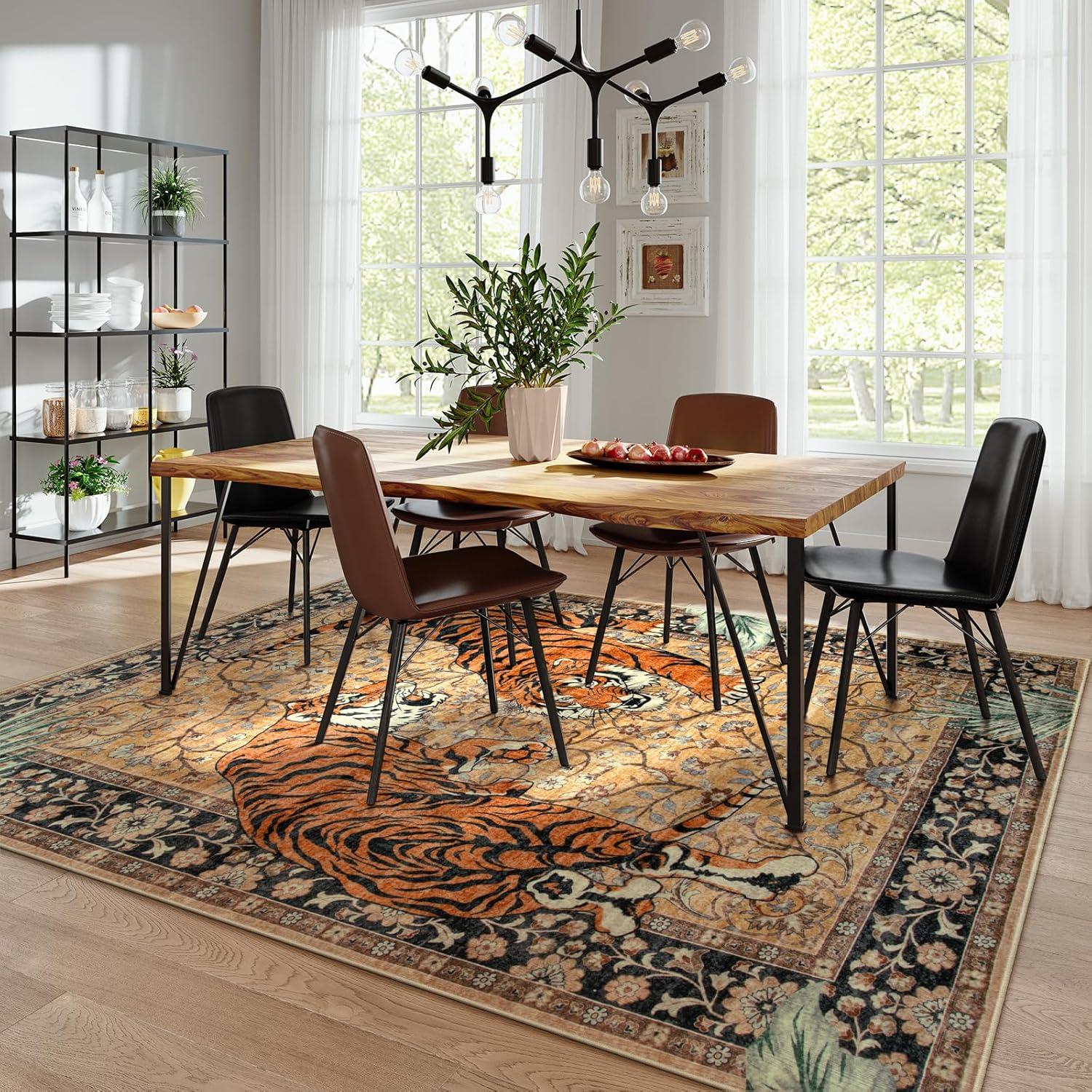 imageMoynesa Tiger Washable Rugs 8x10 Area Rugs for Living Room Soft Large Vintage 8x10 Bedroom Green Rug Botanical Non Slip Ultra Thin Floor Carpet for Dining Room Home OfficeCamel