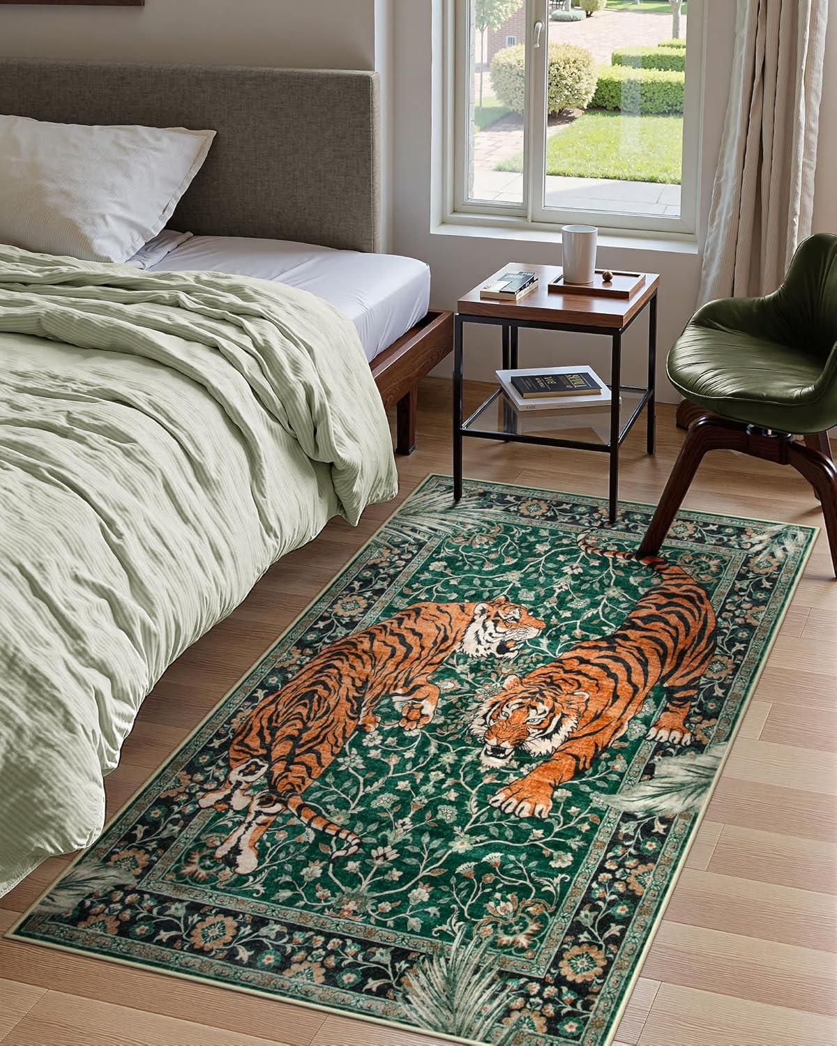 imageMoynesa Tiger Washable Rugs 8x10 Area Rugs for Living Room Soft Large Vintage 8x10 Bedroom Green Rug Botanical Non Slip Ultra Thin Floor Carpet for Dining Room Home OfficeGreen